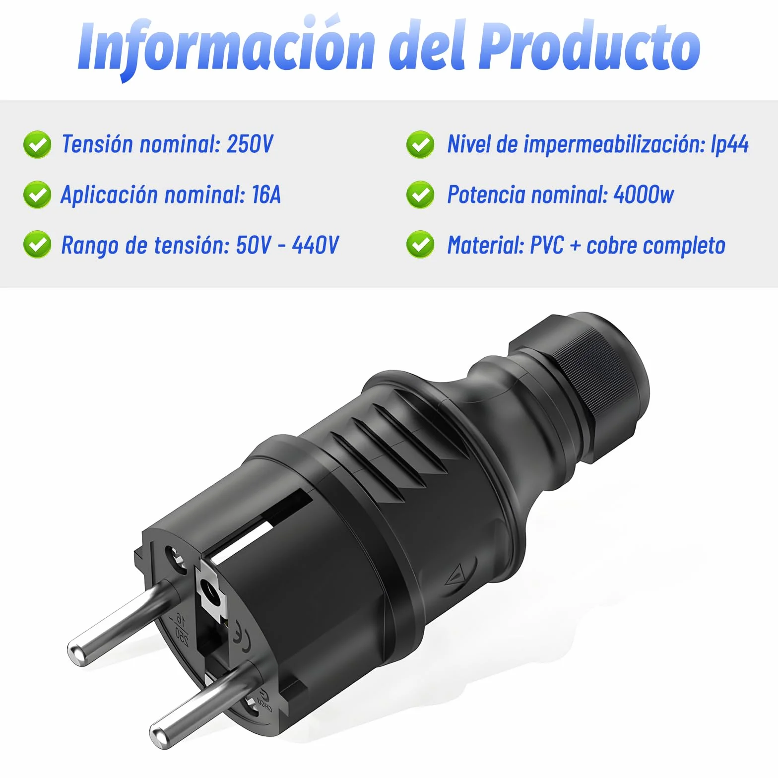 Enchufe de Schuko 250V 16A, Contacto Protector con Protección de Torsión, Clavija Macho, Negro