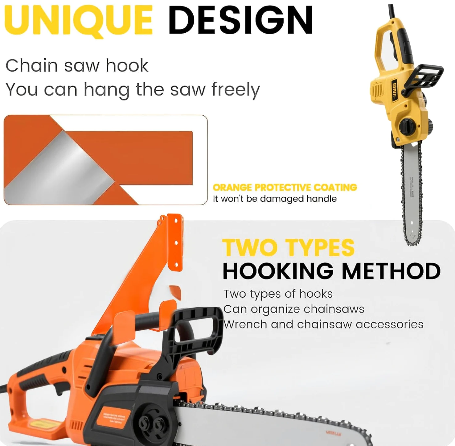 Soporte de pared para motosierra (juego de 2) – Soporte de hierro resistente hasta 68 kg, con protección de goma para asas, montaje horizontal/vertical, para garaje y taller (naranja)