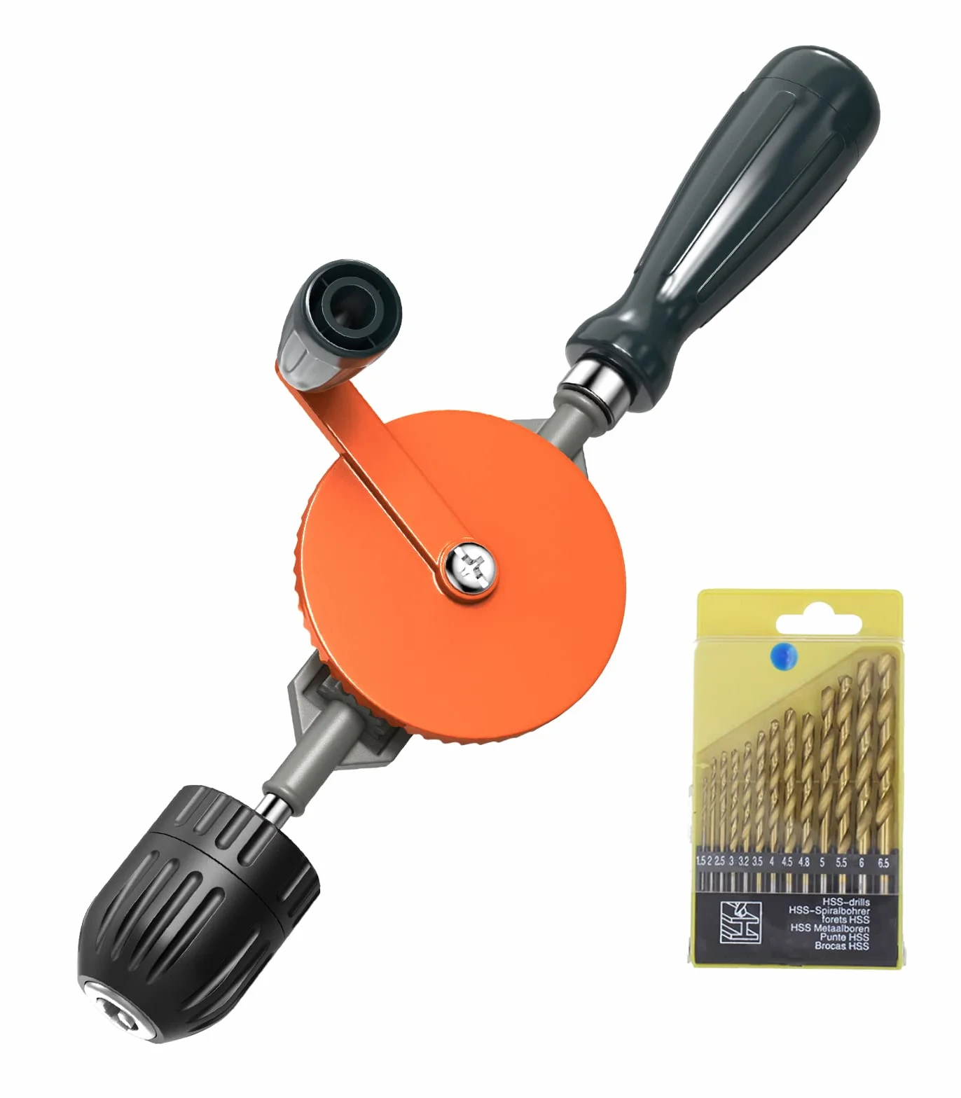Housolution Taladro de Mano, 3/8 Pulgadas (1-10 mm) de Capacidad Portabrocas sin Llave de Alta Precisión Acero Fundido con 13 PZS Brocas Taladro Manual de Manivela para Madera Plástico PVC, Naranja