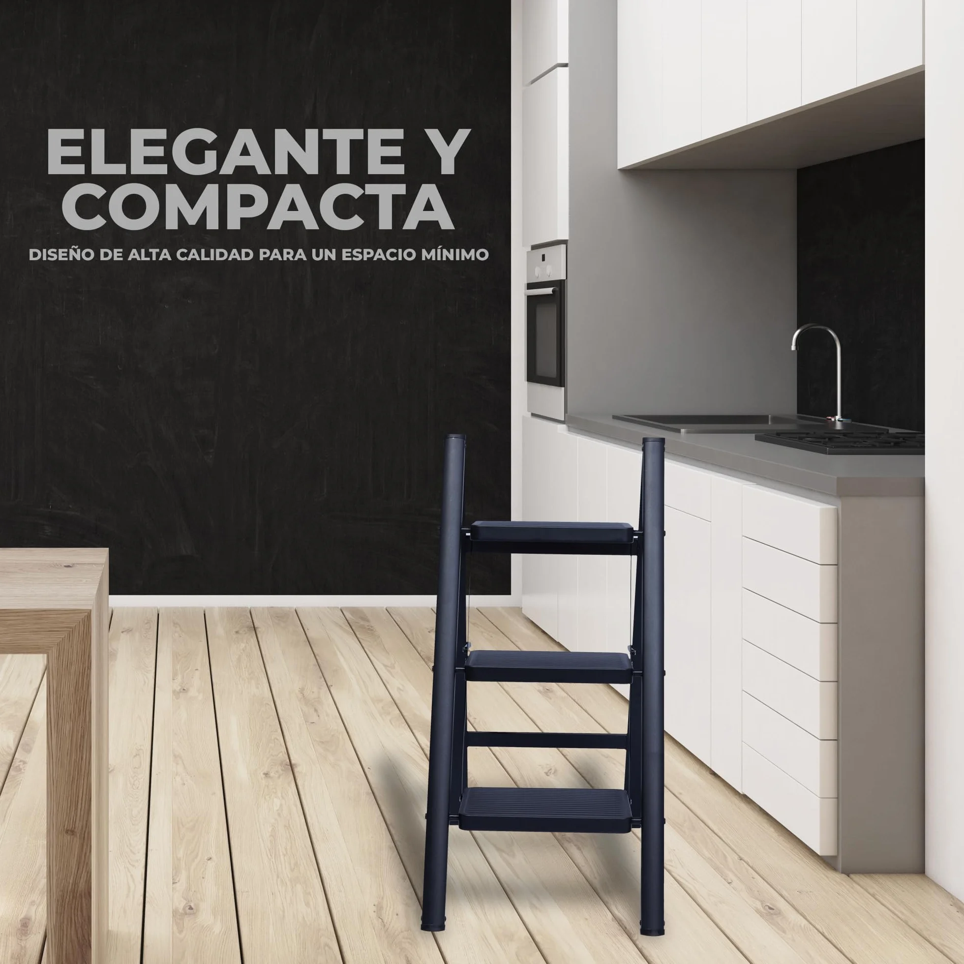 UZIRO Escalera Plegable 3 Peldaños, Escaleras Decorativa, Peldaños Anchos Antideslizantes, Ideal para Uso en Hogar, Cocina y Oficina, Fácil de Guardar y Transportar, Resistente (Negro, 3 Peldaños)