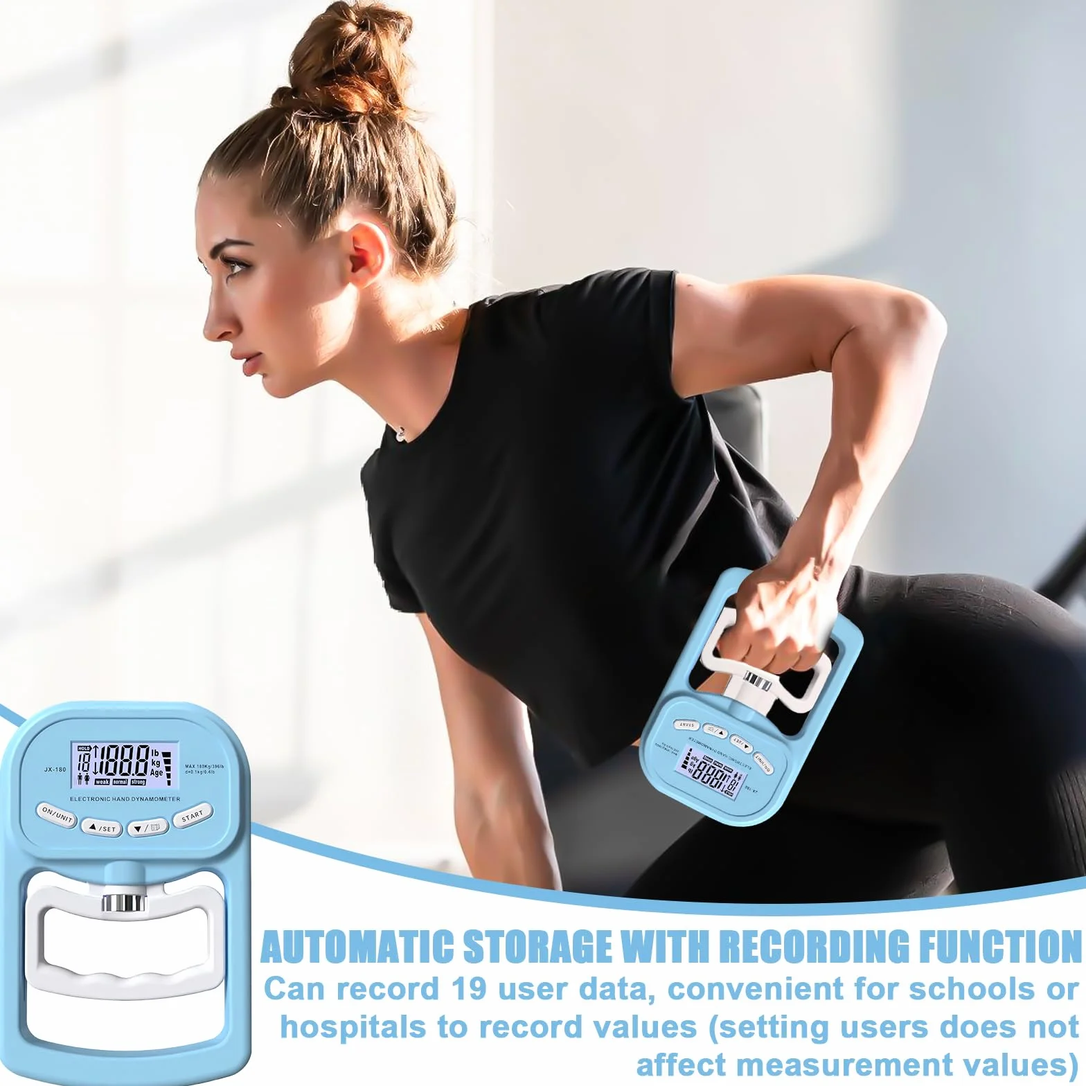 Medidor electrónico de fuerza de agarre: 396 lb/180 kg, dinamómetro de mano, dinamómetro de mano, pantalla LED, con cable de carga USB, color azul