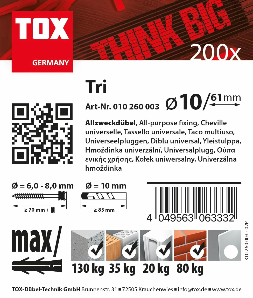 TOX espiga multiuso TRI 10 x 61 mm en Big Pack, espiga para casi todos los materiales de construcción, suministro duradero, 200 piezas en lata redonda versátil e inastillable, 2500 ml, 010260003
