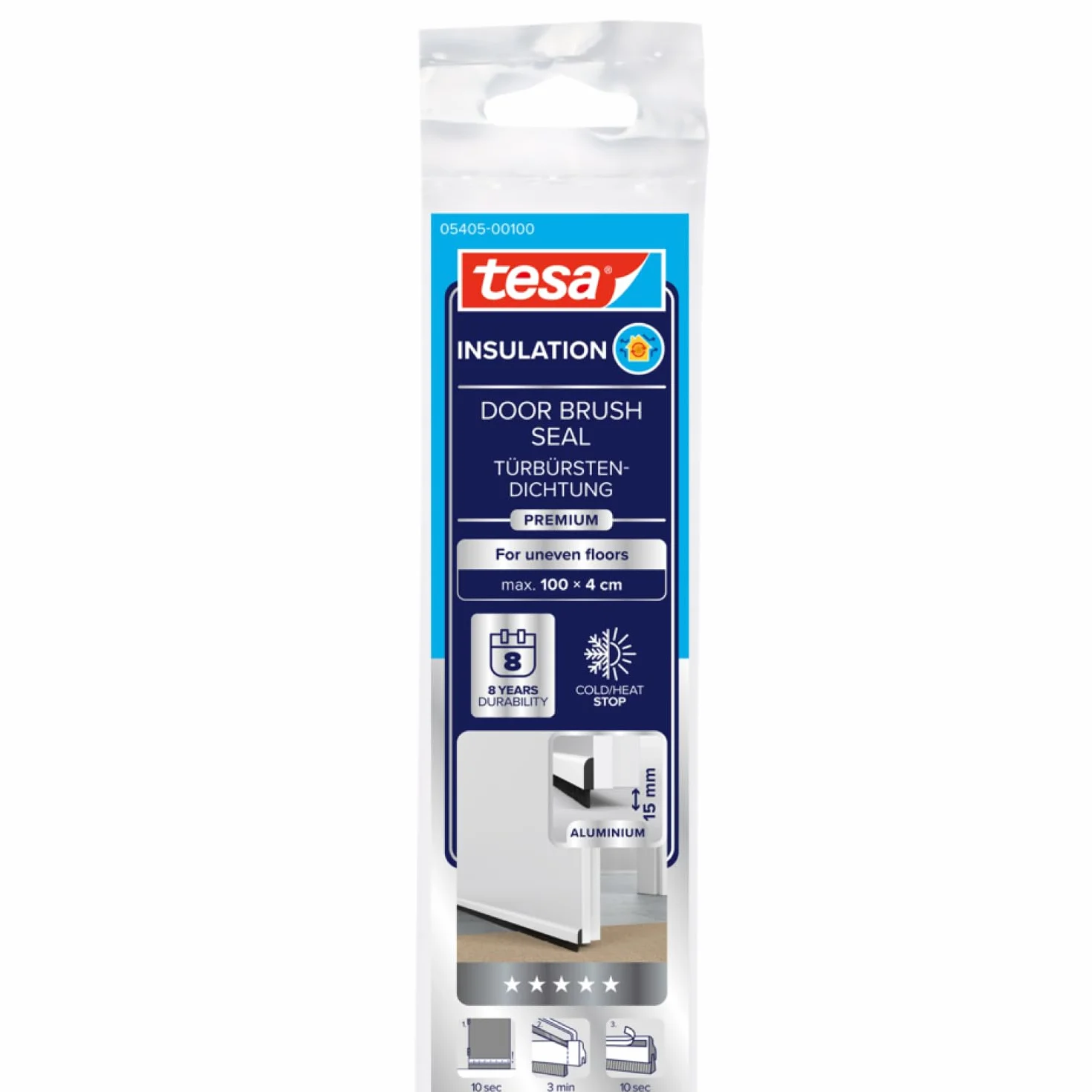 Tesa 05405-00100-00 - Riel de Sellado de Puertas, Moll para Suelos Irregulares, Blanco, 100 x 7 cm