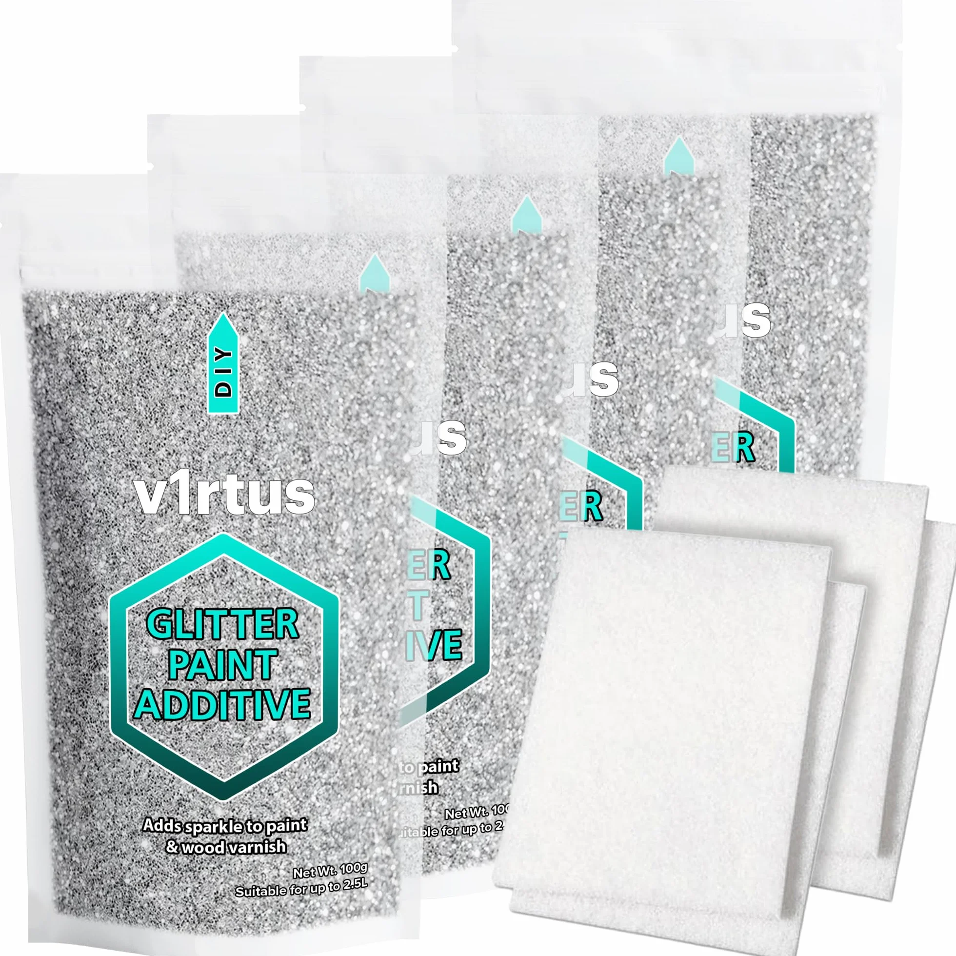 Aditivo de Pintura con Purpurina Plata [400g] + 4 Bloques de Pulido para Pintar Paredes con Purpurina - Agregar a la Pintura de Emulsión, Paredes Interiores o Exteriores, Techos