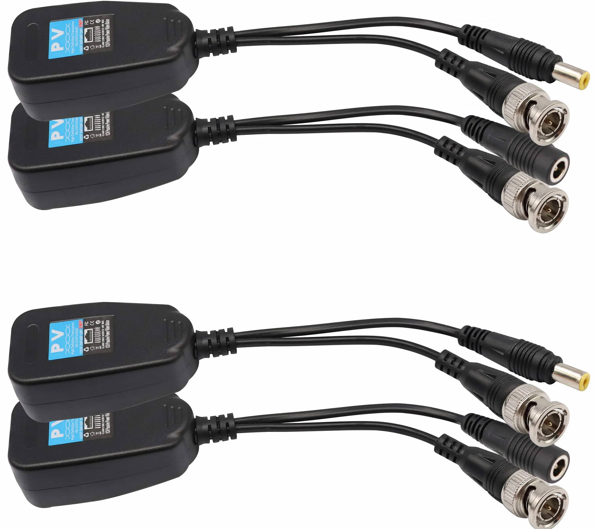 Balun HD BNC a RJ45 Video Transceptor Pasivo HD-CVI/TVI/AHD/CVBS con Conector de Alimentación para 1080P 3MP 4MP 5MP 8MP CCTV Seguridad DVR Sistema de Cámara Vigilancia(4 Pares-19CM)