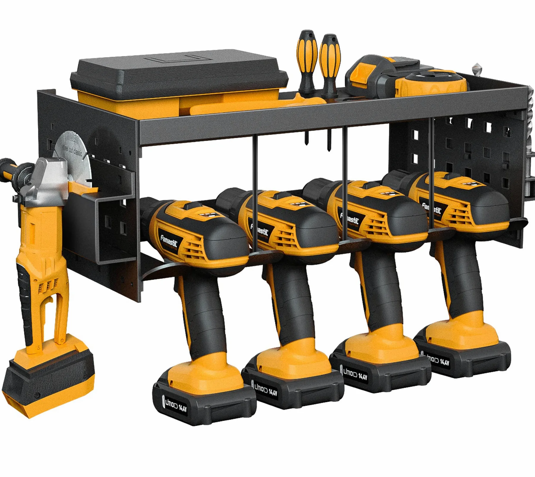 Maletín para herramientas, 4 ranuras para 1 gran estantería, soporte de almacenamiento de pared extraíble para taladro eléctrico de acero resistente para sierra circular, taller, garaje, herrajes