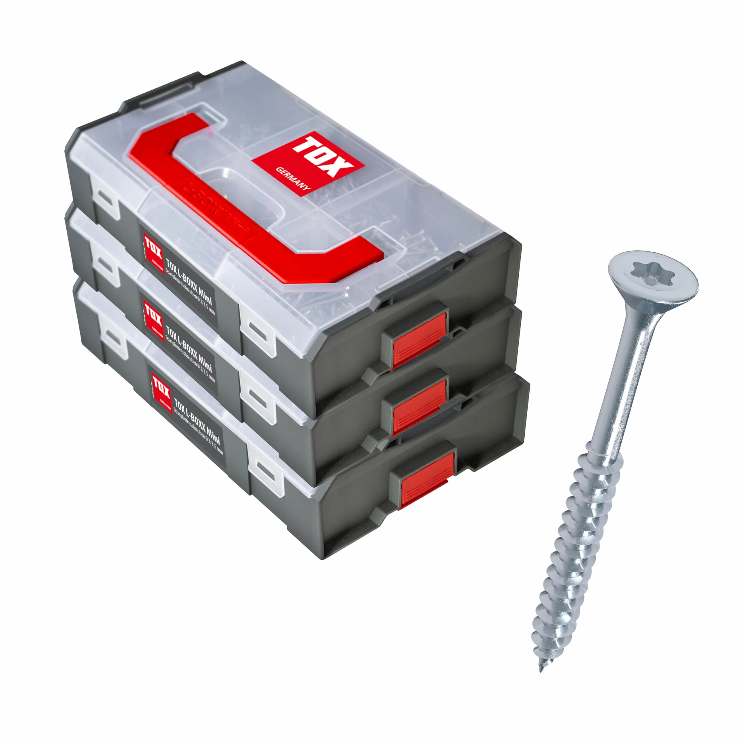 Juego de tornillos TOX L-BOXX Mini 3-5 mm, TX, rosca completa, 3 cajas encajables con 18 tamaños, total 1460 tornillos para madera. Ref. 094909172