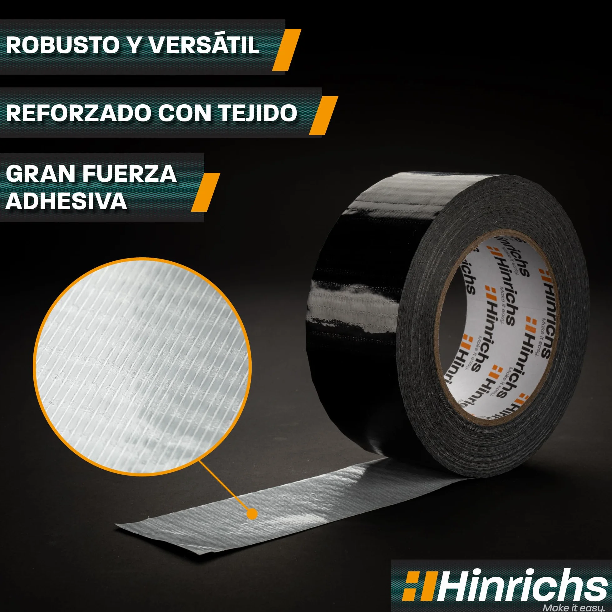 Hinrichs Cinta Americana Negra 4 Rollos 50m x 50mm – Cinta Adhesiva Impermeable y Extra Fuerte – Herramientas Lluvia y Reparaciones – Cinta Multiusos para Bricolaje, Embalajes y Uso Exterior Duradero