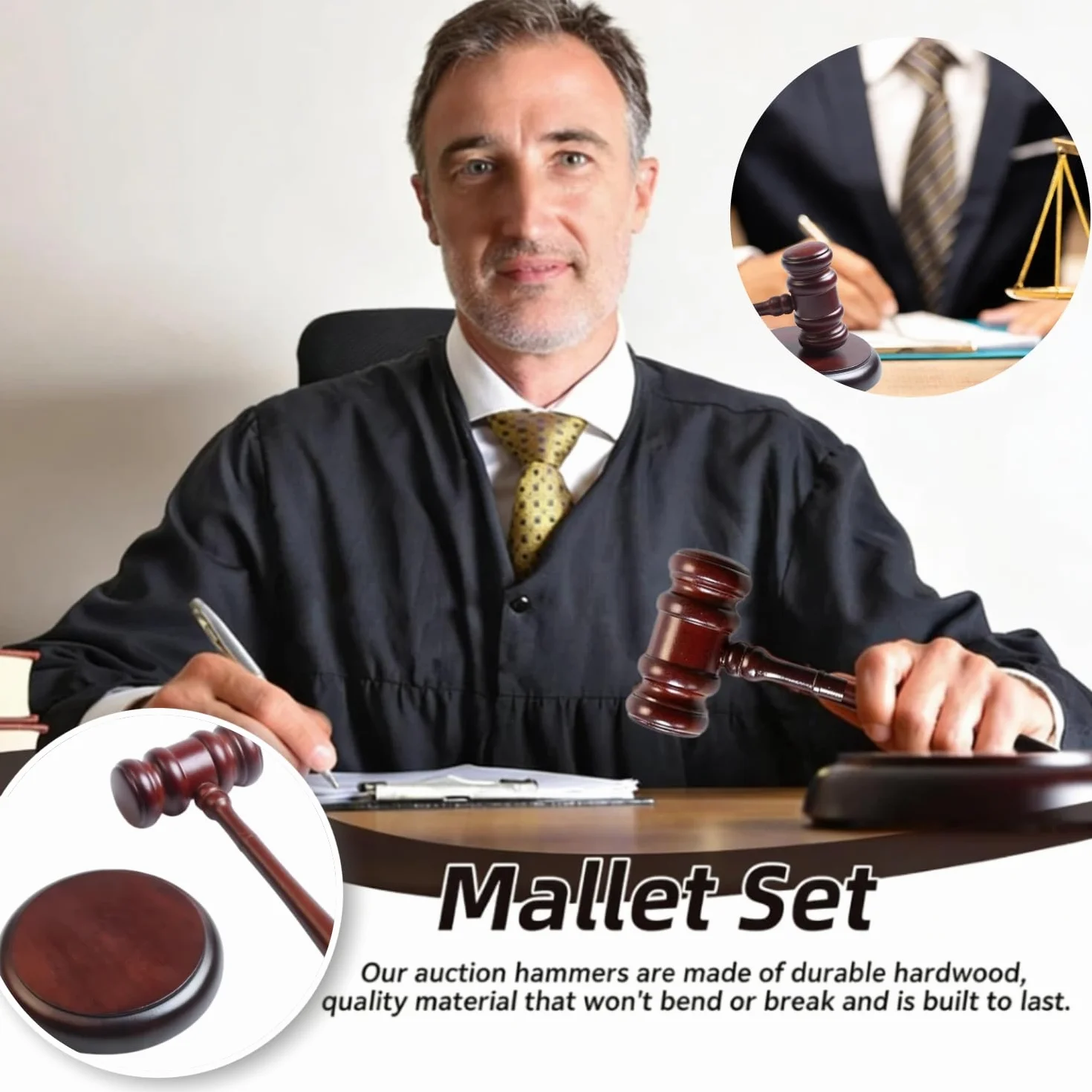 RichterHammer Martillo de Subastas de Madera Juego de Martillo de Subastas de Madera y Bloque de Resonancia Mazo de Madera y Bloque de Sonido para Subasta Venta Abogados Casa de Subastas