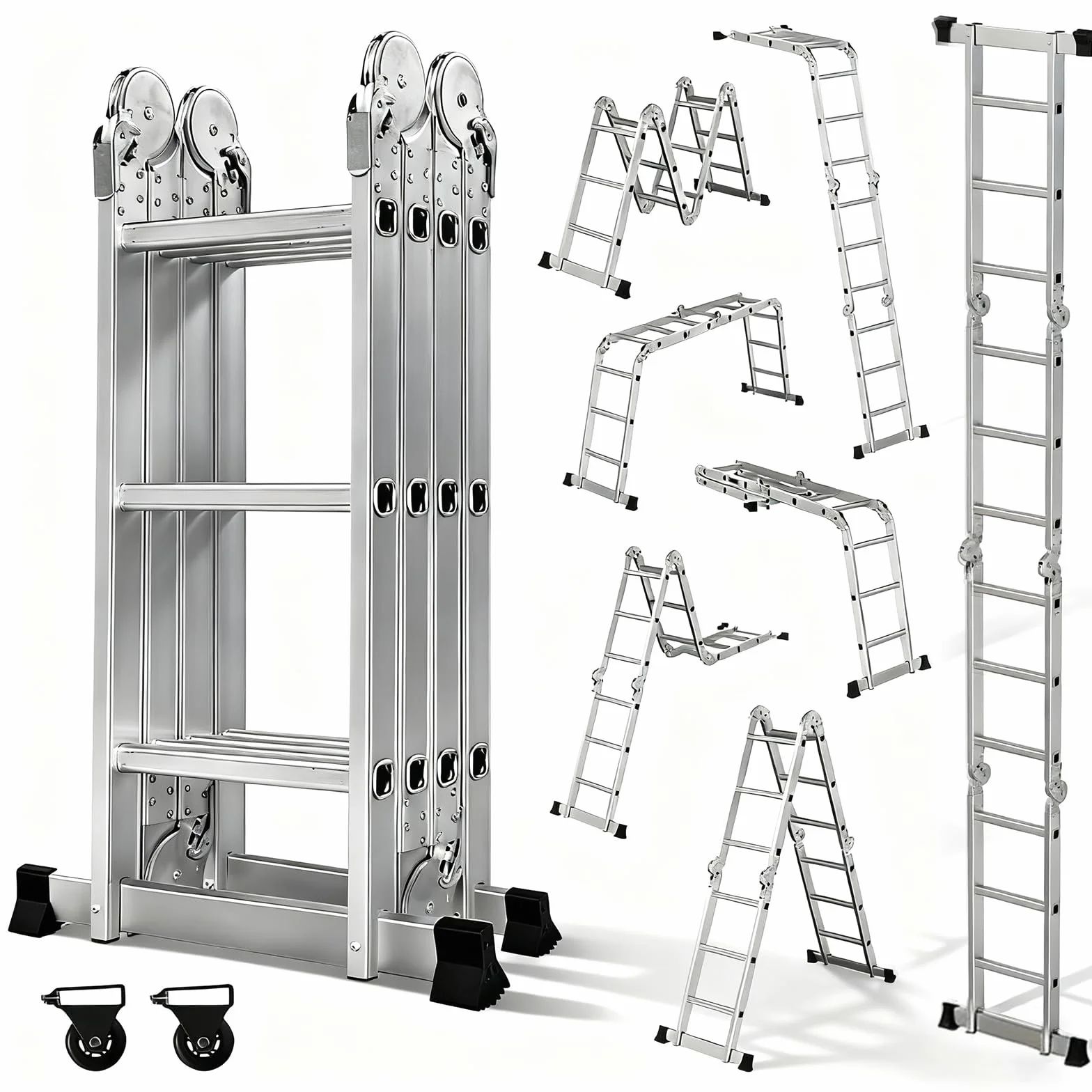 OUTIGO Escalera Multiusos 4x3, 7 en 1, 12 peldaños, Plegable, de Aluminio, con 2 Ruedas, para Uso doméstico, Carga máxima 150 kg