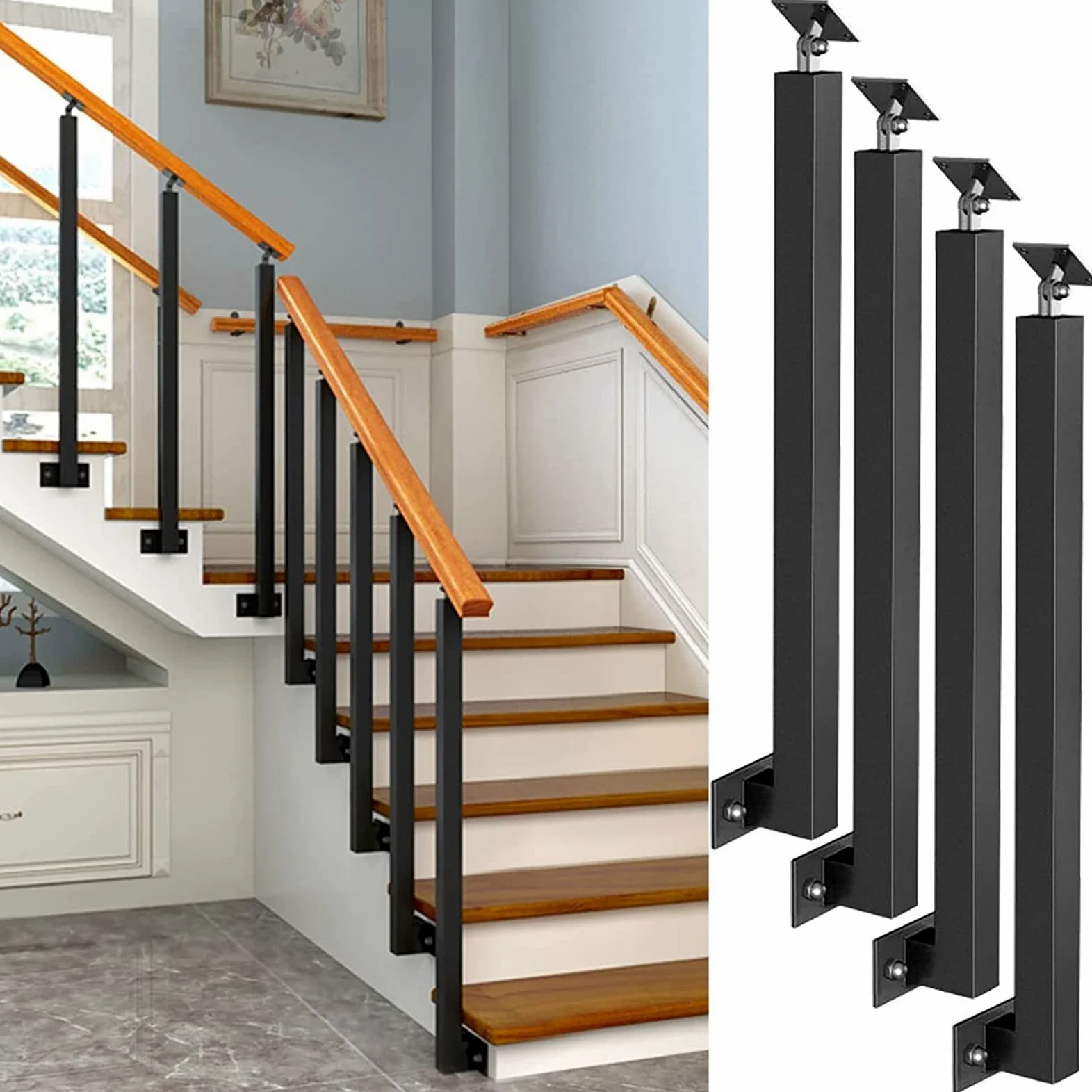 Poste - Pilar de barandilla lateral ajustable 270° con soporte plano for jardín, escalones exteriores y reformas(4 Pack,Height 75cm(29.5in))