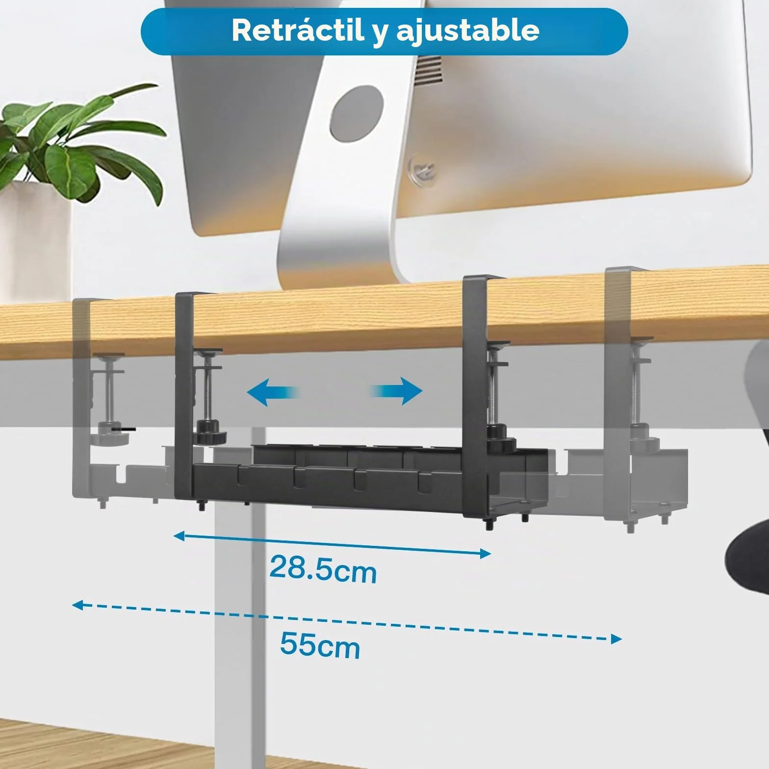 Organizador Cables Escritorio Retráctiles de 28,5CM a 55CM, Bandeja Cables Escritorio sin Taladrar, Gestión de Cables Debajo del Escritorio, Cesta de Bandeja de Cables para Hogar u Oficina