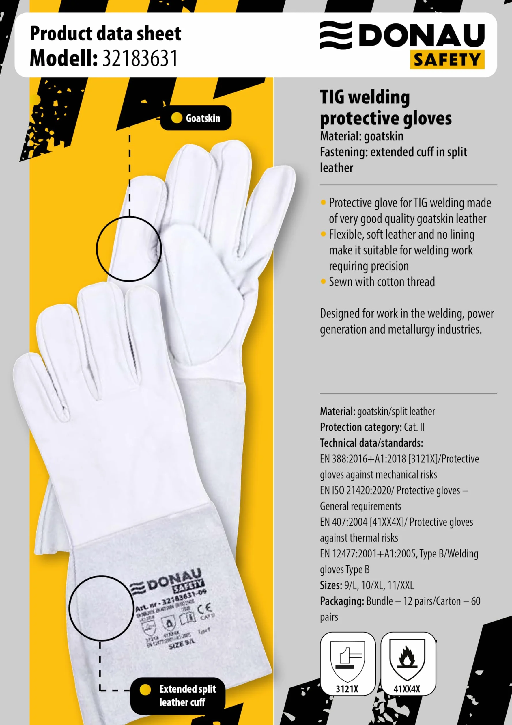DONAU SAFETY Guante de soldador piel de cabra TIG talla 9 1 par