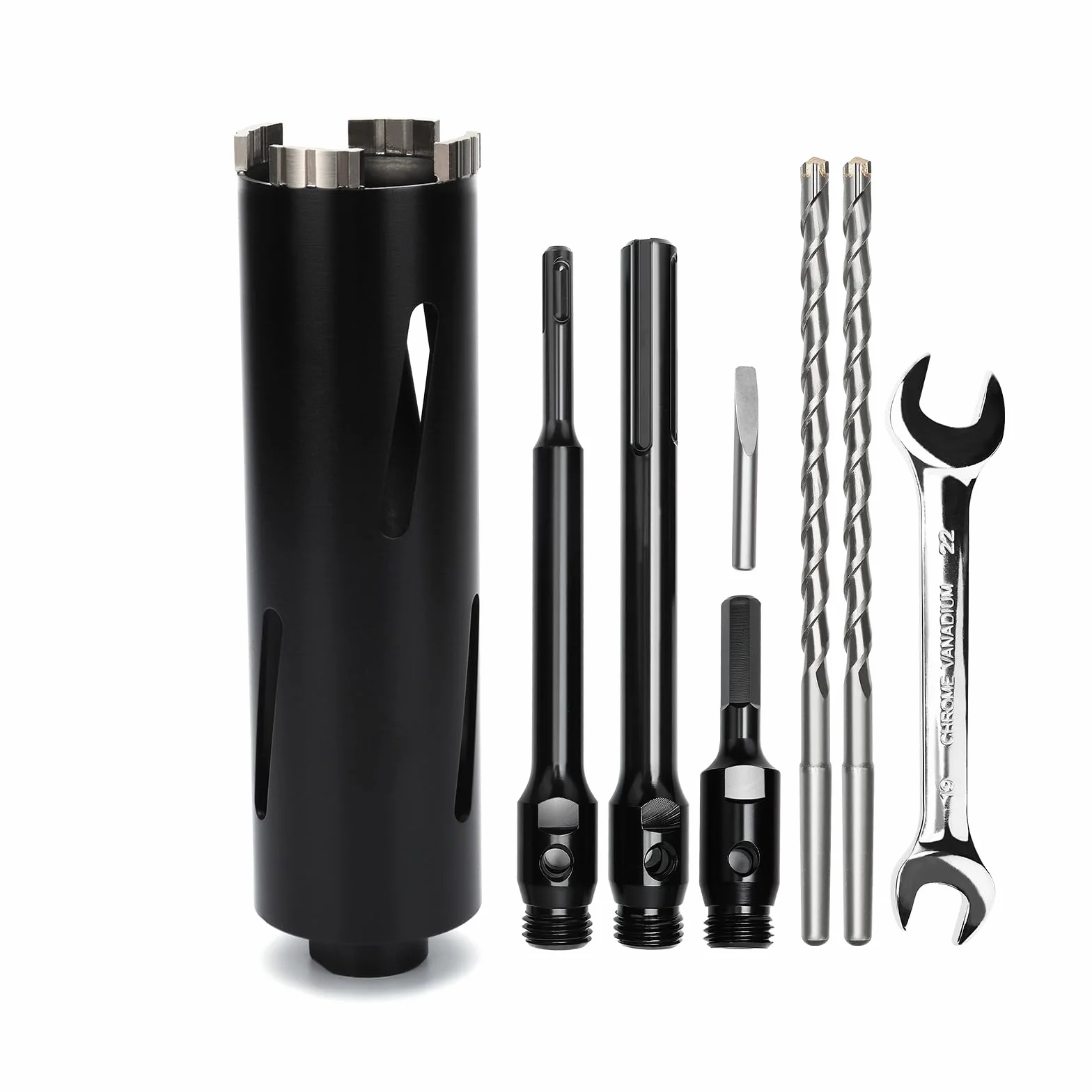 Corona de perforación de 52 mm, longitud útil de 200 mm con vástago SDS Plus de 220 mm, SDS max 220 mm, vástago hexagonal de 110 mm, broca de centrado de 10x240 mm, para mampostería