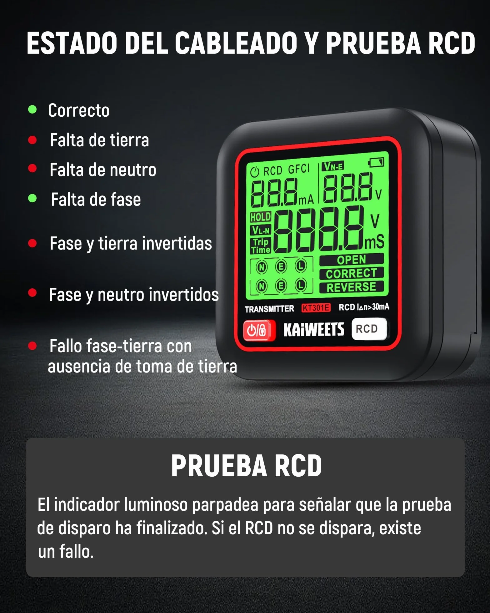 KAIWEETS Localizador de Disyuntores Pantalla LCD, Comprobador Enchufes Prueba RCD Verificación Cableado, Detector Cables NCV Linterna LED