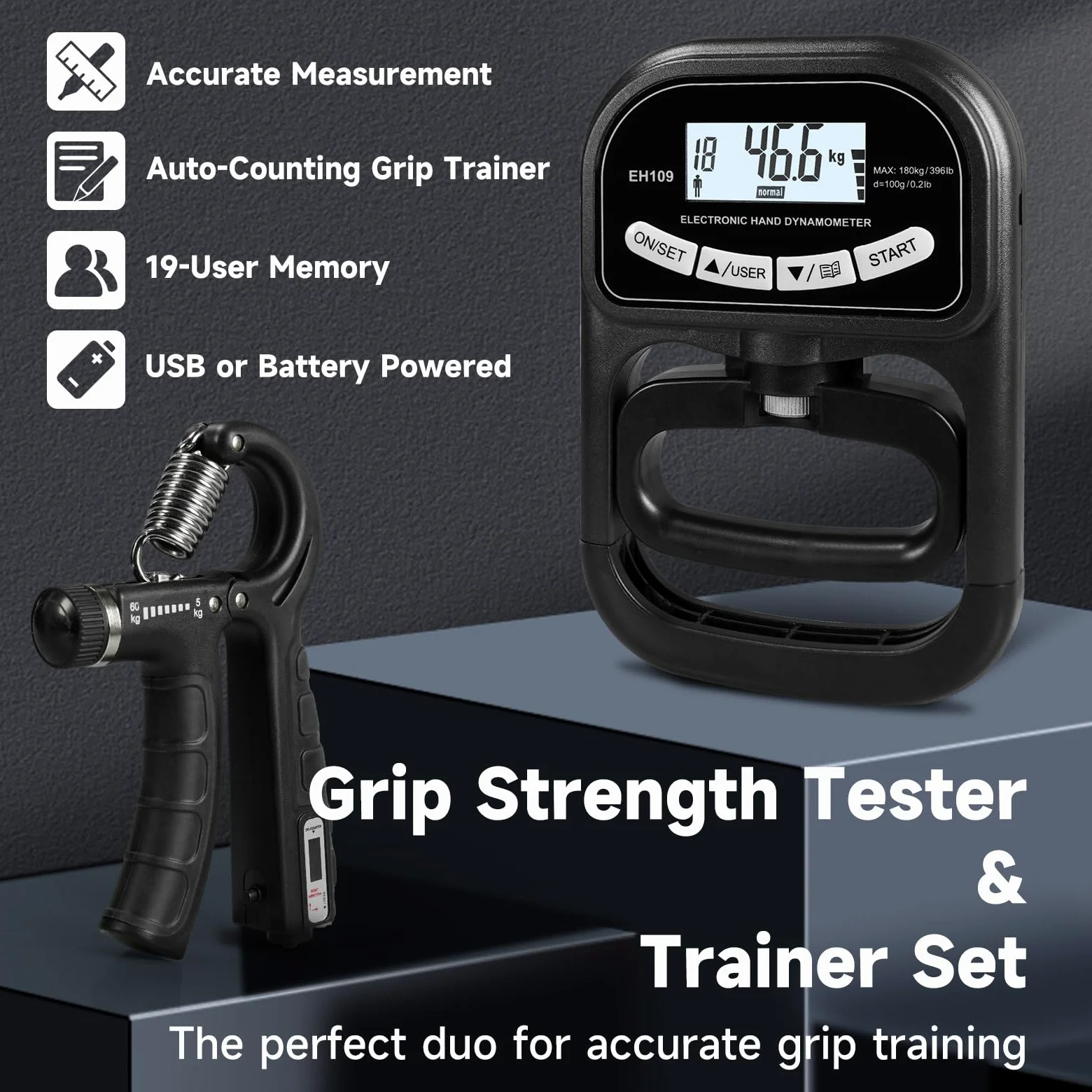 Juego de medidor digital de fuerza de agarre y entrenador, dinamómetro de mano LCD con memoria de 19 usuarios, USB o batería + ejercitador de agarre electrónico con reinicio de 1 toque, regalo
