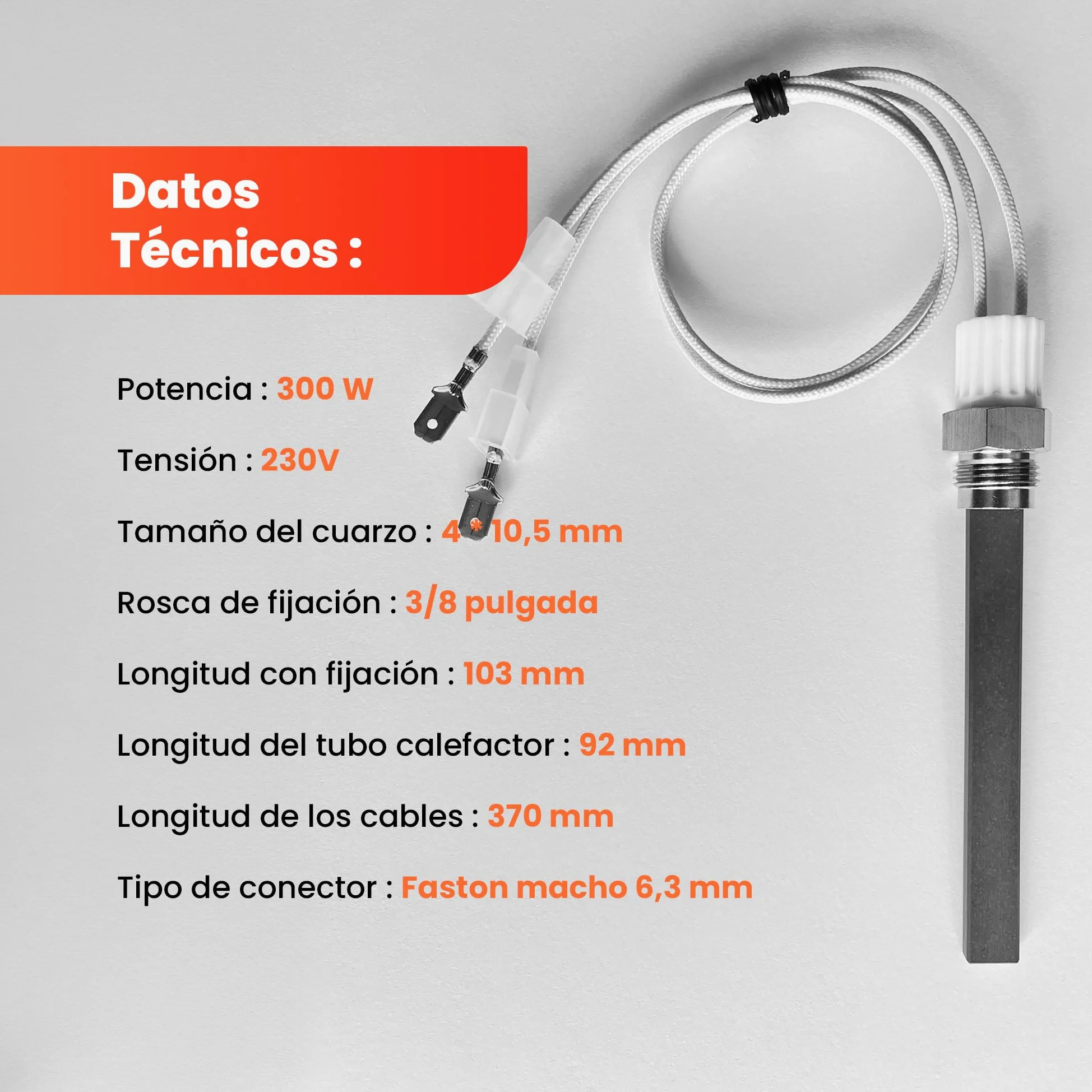 PS13-230-300 - Vela de cuarzo para estufa de pellets (300 W, 90/126 mm, diámetro 11,5 x 4 mm, rosca 3/8)