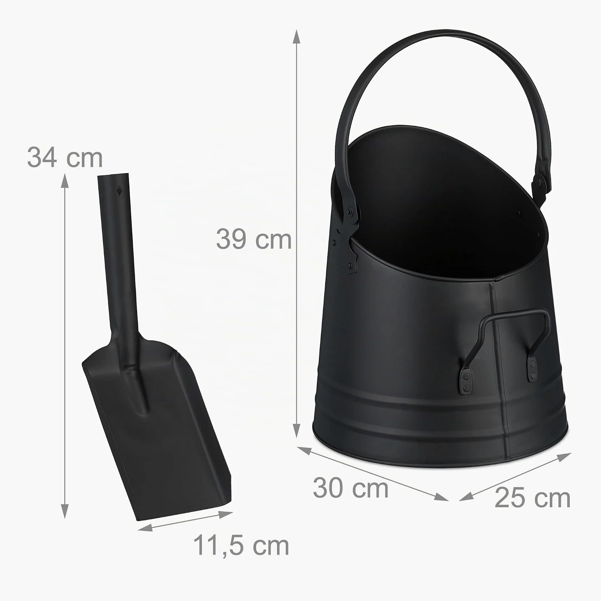 Relaxdays Cubo Cenizas, Pala, Asa y Agarre, 6,5 L, Pellets, Briquetas, Accesorios Chimenea, Recipiente Carbón, Negro