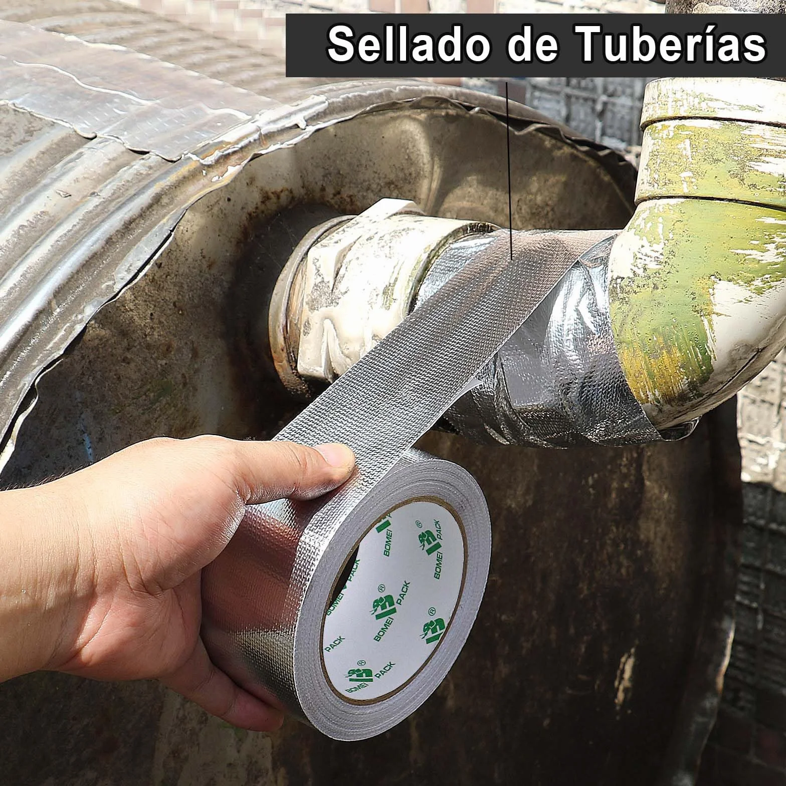 BOMEI PACK 50mmx20m Cinta adhesiva de aluminio reforzada aislante térmico - Rollo de aluminio adhesivo de alta temperatura de reparación - Cinta de Aluminio para Sellar Sistemas