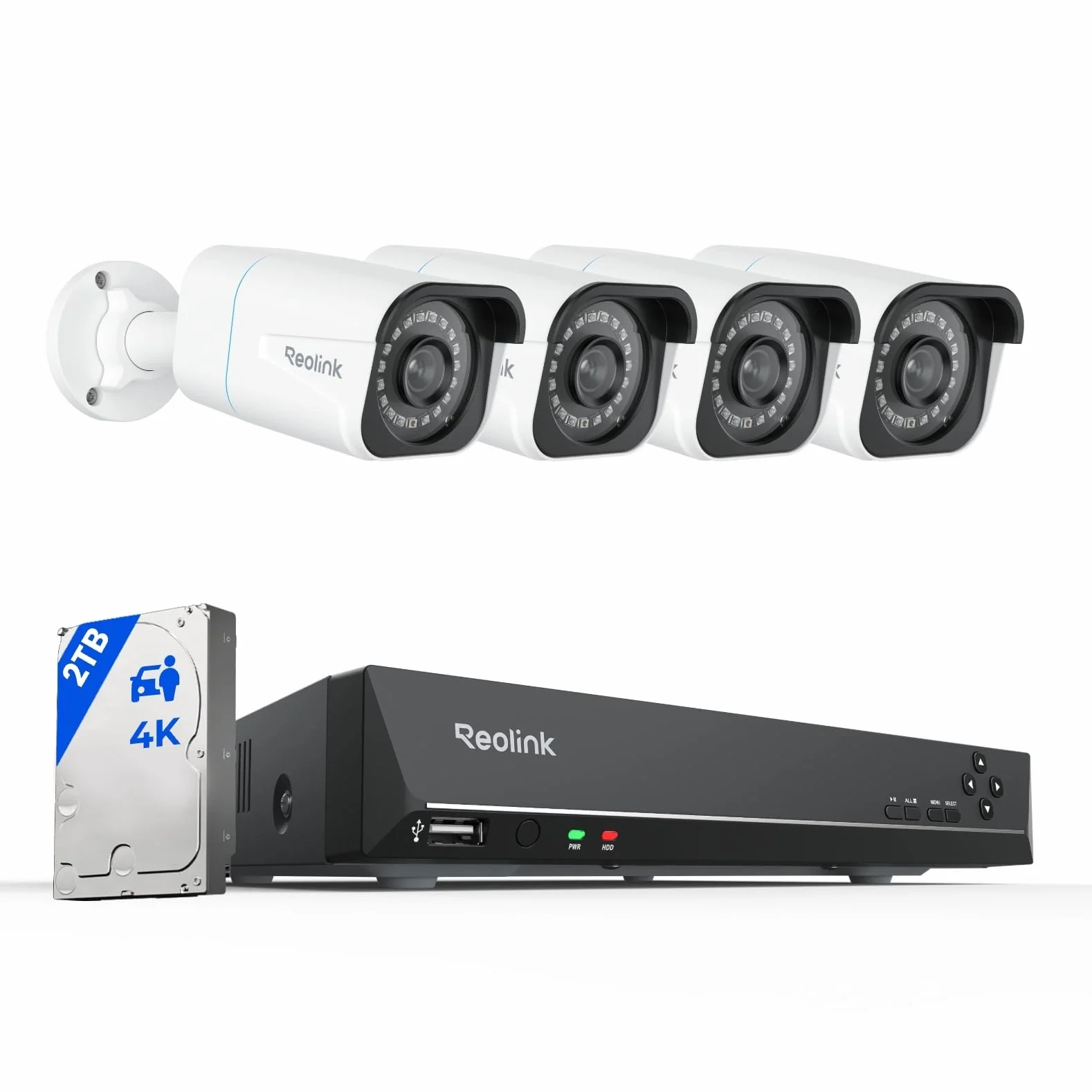 Reolink 4K Kit Camaras de Seguridad, 4X Cámaras IP PoE de Vigilancia Exterior, NVR 8CH con 2TB HDD para Grabación 24/7, Detección de Persona/Vehículo, IP67 Impermeable, Visión Nocturna, RLK8-800B4