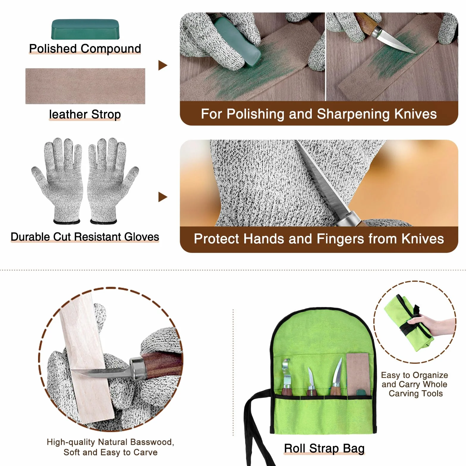 Kit de Tallado de Madera, 10 en 1 Kit de Herramientas para Tallar Madera, incluye 6 Cuchillos Para Tallar Madera Seco para principiantes, Guantes Resistentes a Cortes, Bolsa de Lona