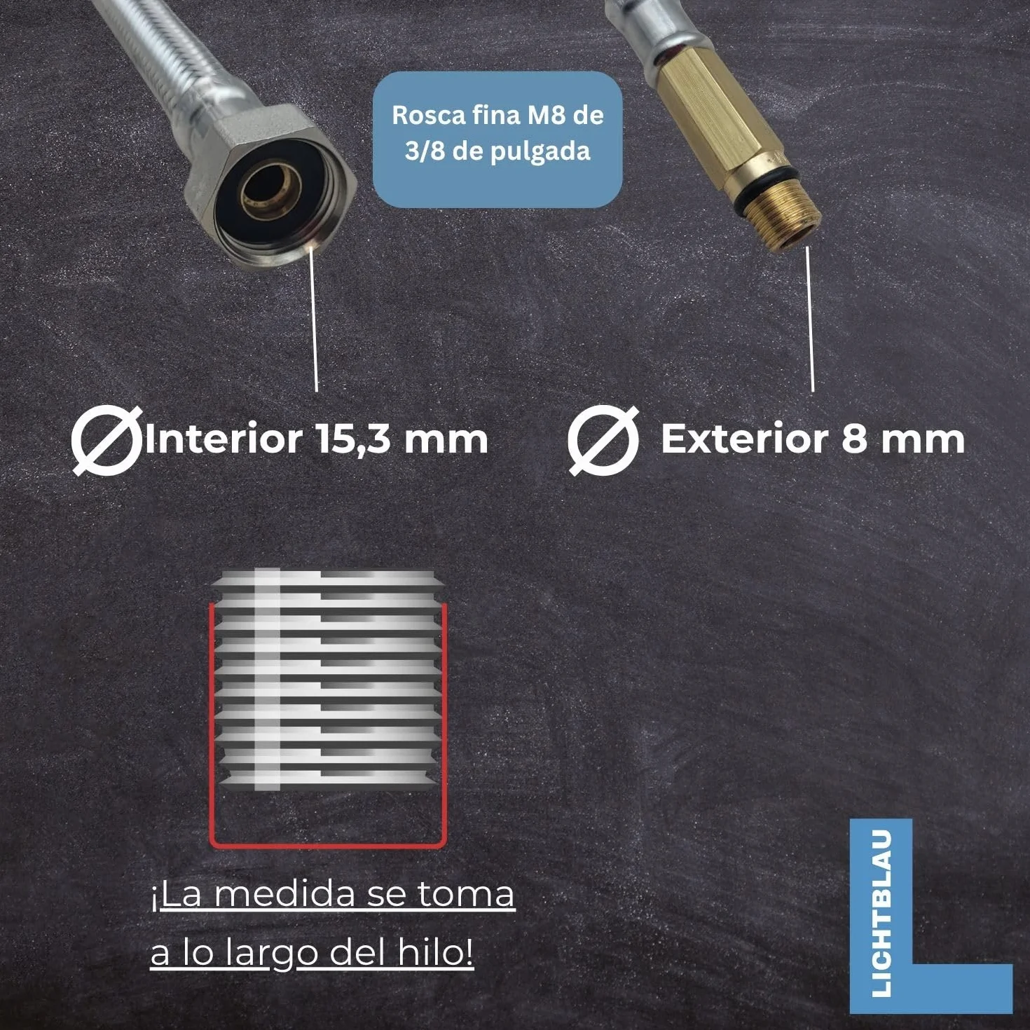LICHTBLAU Manguera de acero inoxidable resistente a dobleces, 60 cm, 3/8 pulgadas a M8 de largo, adecuada para agua potable, válvula angular, manguera blindada, grifo de cocina | Manguera flexible de acero inoxidable para agua potable, resistente a doblec
