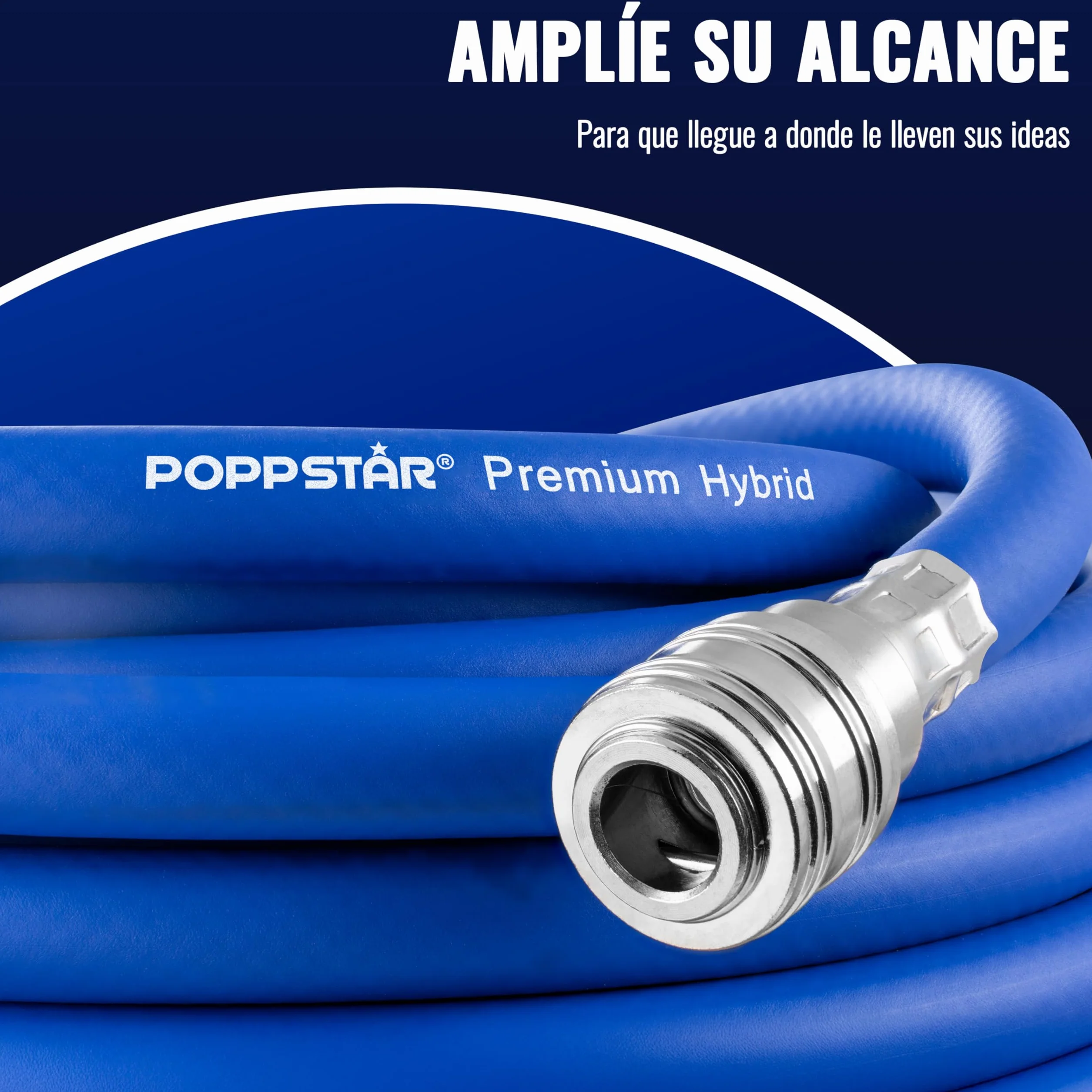 Poppstar Manguera Compresor Aire 5m (PVC híbrido con tejido, diámetro interior 9,2mm con acoplamiento rápido y conector de manguera), hasta 20 bar, azul