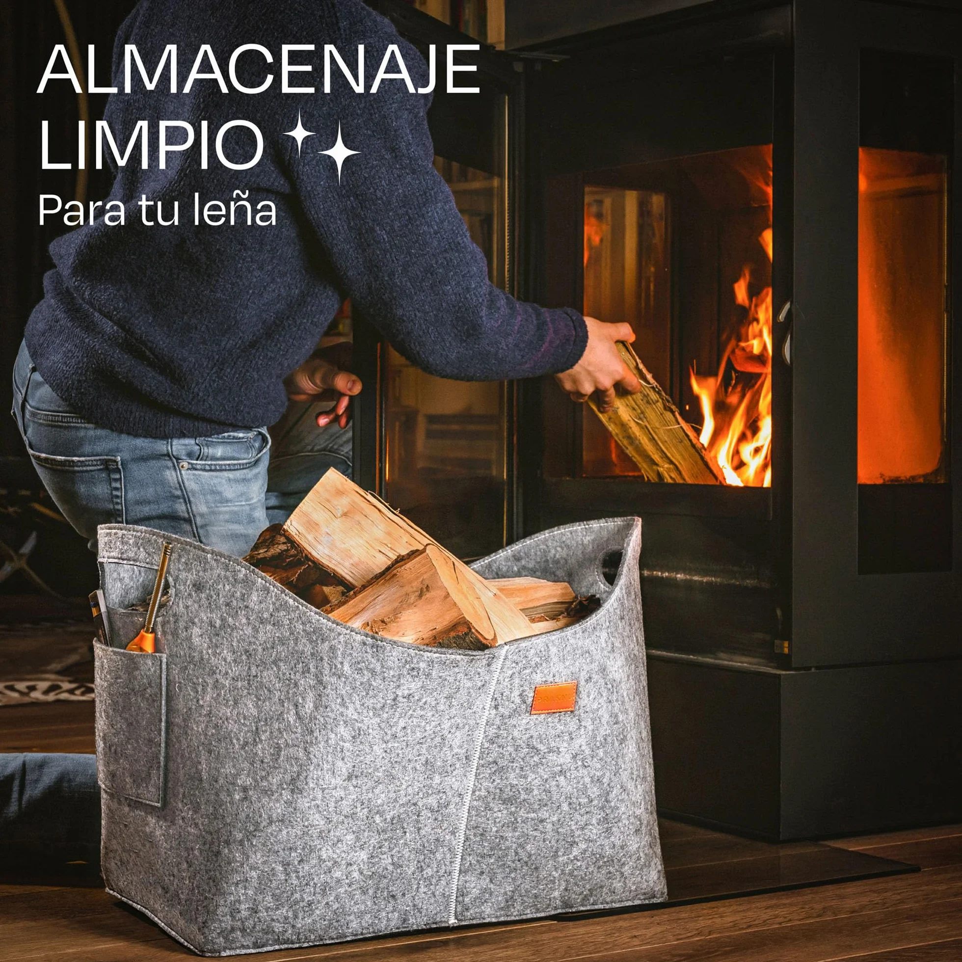 Praknu Cesto para Leña Interior - Grande - De Fieltro Reciclado - Con Asas de Transporte - Bolsa de Fieltro para Almacenar Leña de Chimenea y Más - Gris