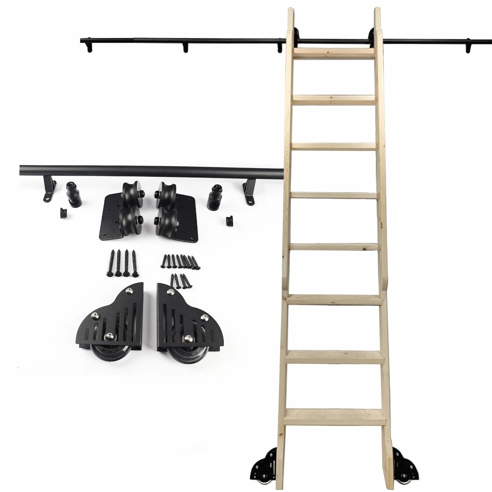 Kit de Accesorios para Escalera Deslizante, Juego Completo de rieles de Escalera móvil de Tubo Redondo de Acero Negro, Kit de Escalera de Biblioteca rodante de 3,3 pies a 24 pies con Rodillo