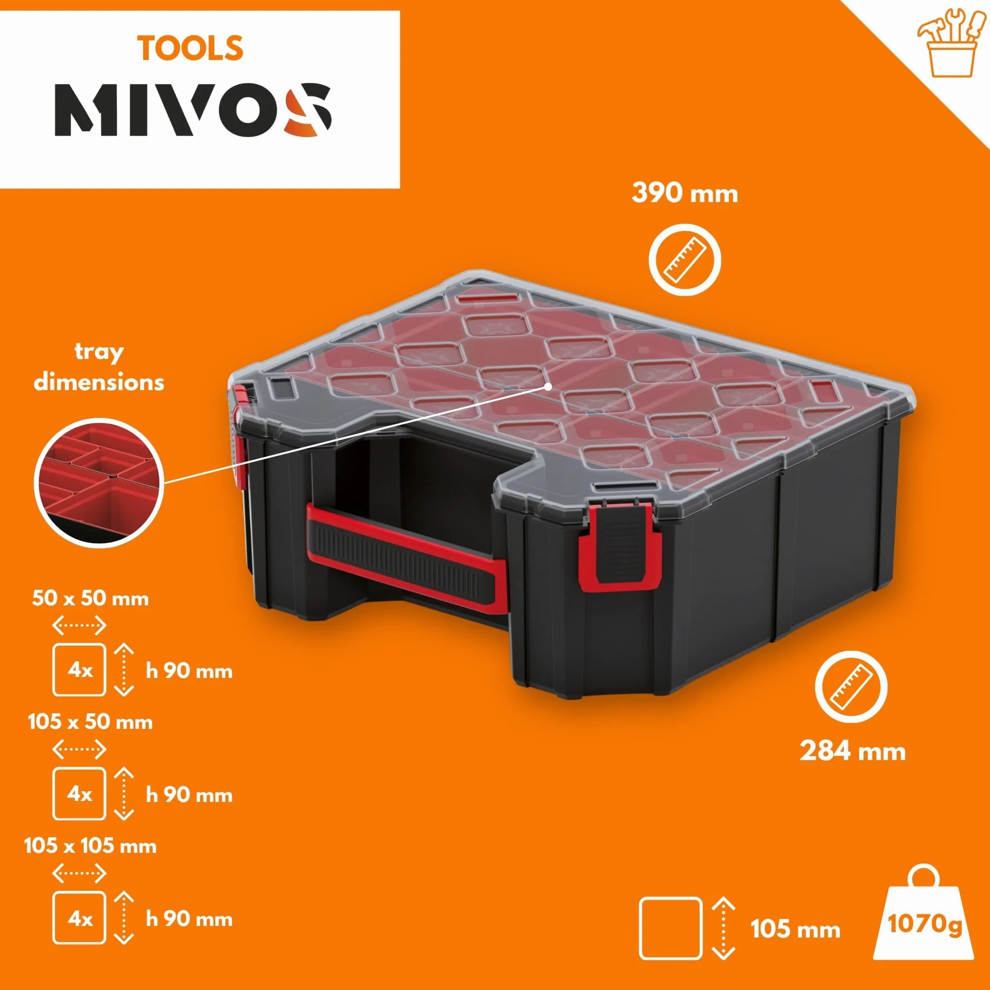 Mivos Caja de almacenamiento 390 x 284 x 60 mm - para objetos pequeños con 12 cajas extraíbles - accesorios - Caja con cierre de rosca - Robusta caja de herramientas para taller - Made in EU