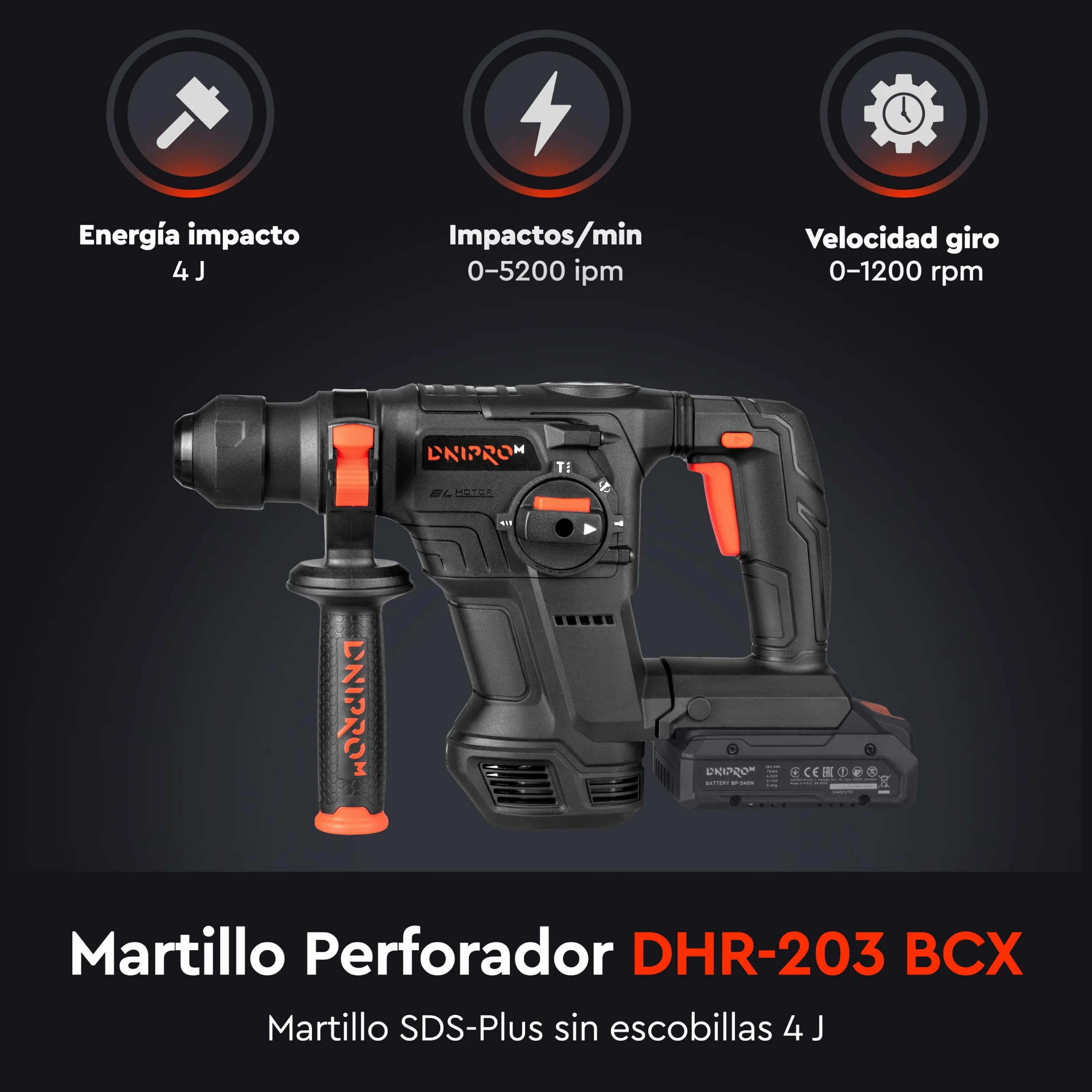 Martillo Perforador SDS Plus 20V Brushless con Batería 4Ah y Cargador, 4J, Ø26 mm Hormigón Armado, Antivibración, Protección Antirretroceso, DHR-203 BCX