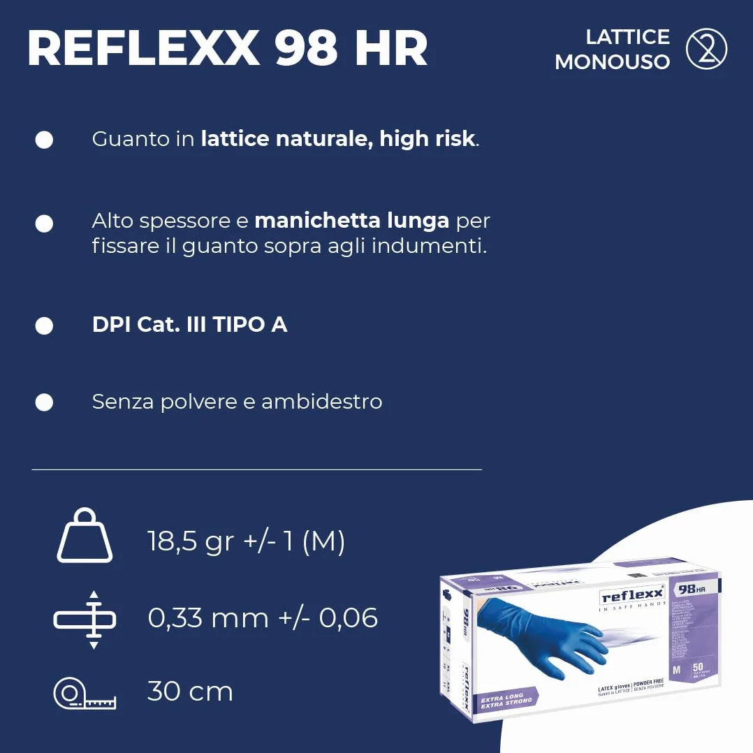 Reflexx R98/M "hirisk", alta resistencia sin polvo guantes de látex Gr 18,5, tamaño M, azul (Pack de 50)