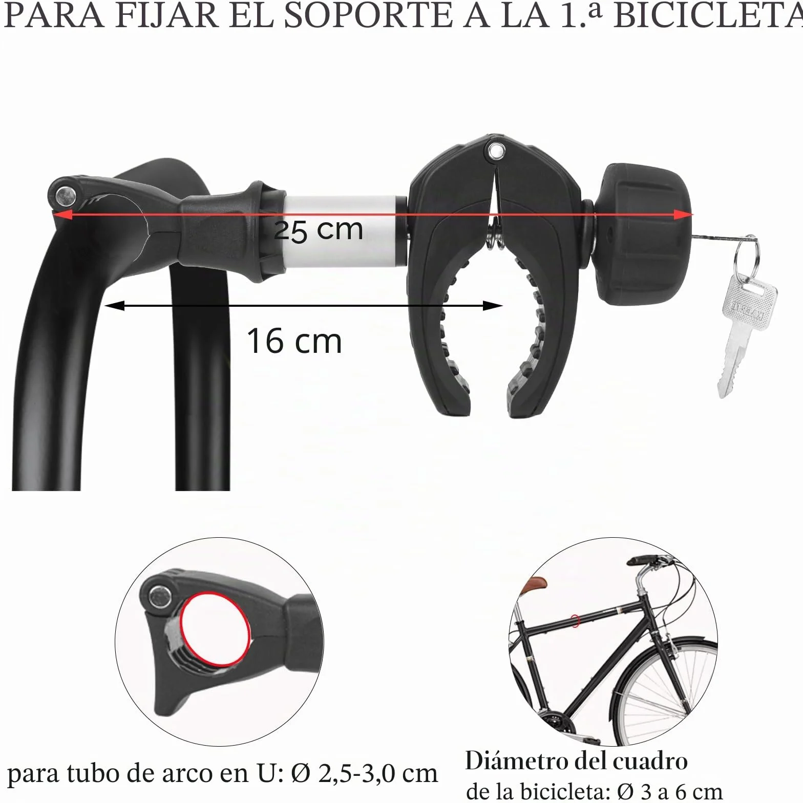 Soporte de bastidor para portabicicletas universal corto 25 cm aluminio cierre tubo U Ø 2,5-3 cm bicicleta 3-6 cm