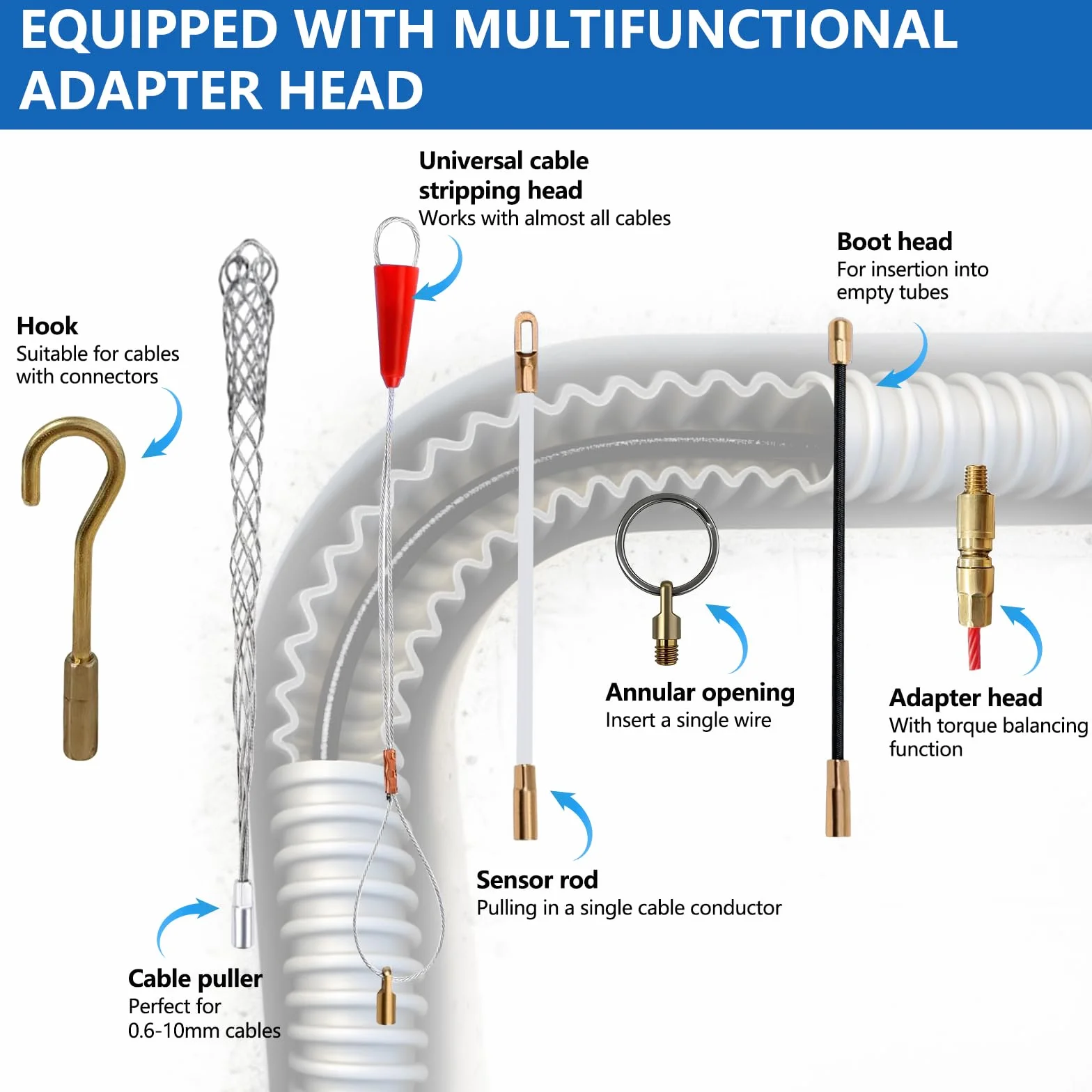 Cable de fibra de vidrio 30m 4mm ayudante inserción con cabeza cobre 6 adaptadores resorte