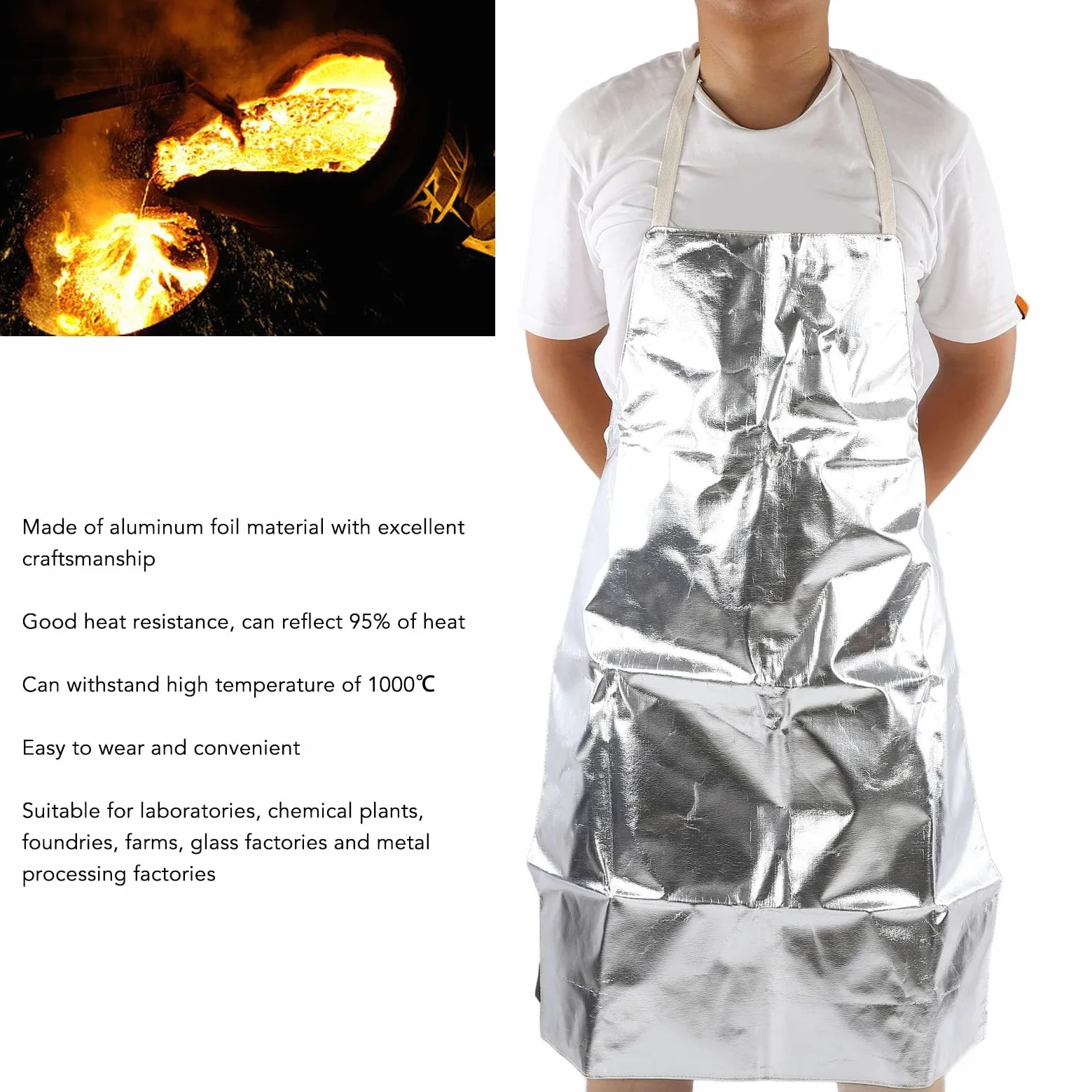 Acouto Delantal de Protección para Cocina Soldadura Barbacoa Resistente al Calor Ignífugo Laboral en Aluminio Ajustable con Bolsillos