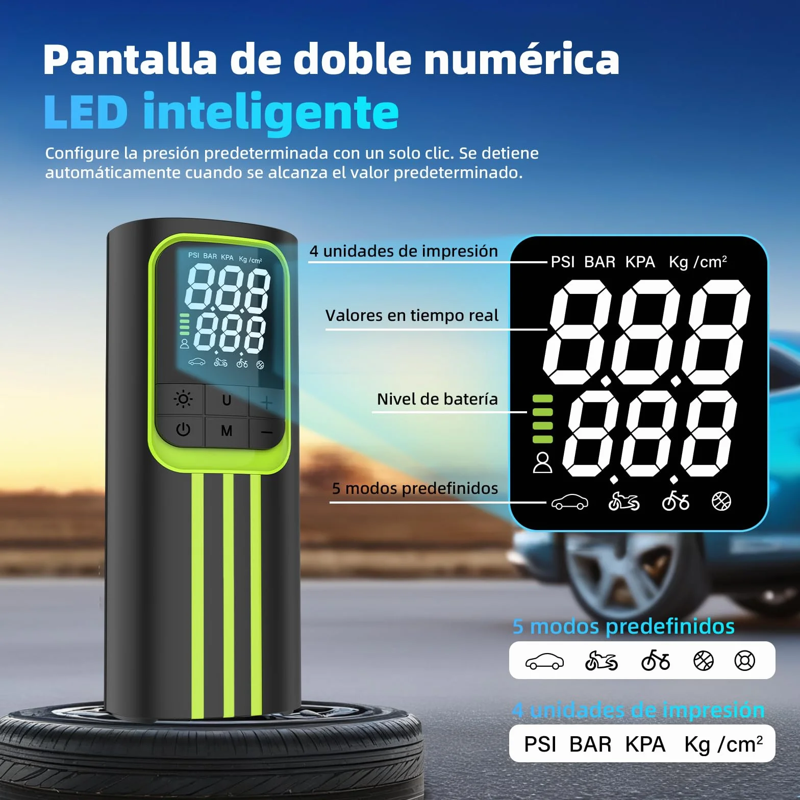 Compresor Aire Portatil, Inflador Ruedas Coche 150 PSI Inalámbrico, Batería Recargable con Pantalla Digital y Luz LED, Modos Automáticos de Inflado, para Coche, Moto, Bicicleta y Pelotas,Negro y verde