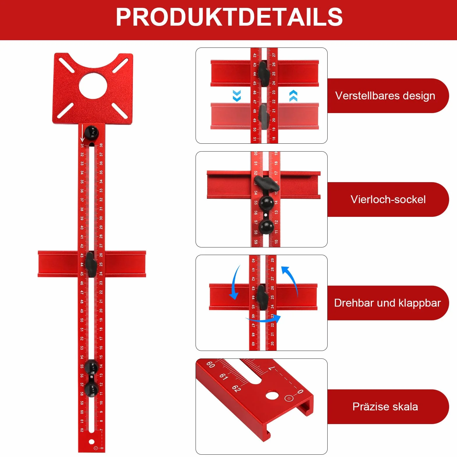Plantilla de fresado de aluminio ajustable 4 en 1, guía de fresado, compás de fresado, radio de 90 mm hasta 370 mm, plantilla de fresado multifuncional para carpintería DIY