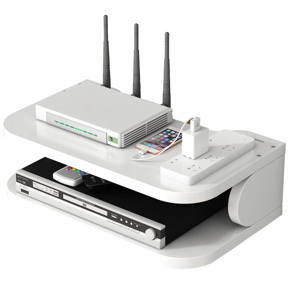 Caja de almacenamiento para enrutador WiFi Estantes flotantes TV Set-Top Rack, montado en la pared Multi-capa de gestión de cables Estante de almacenamiento para decoración de pared (jl01,blanco)