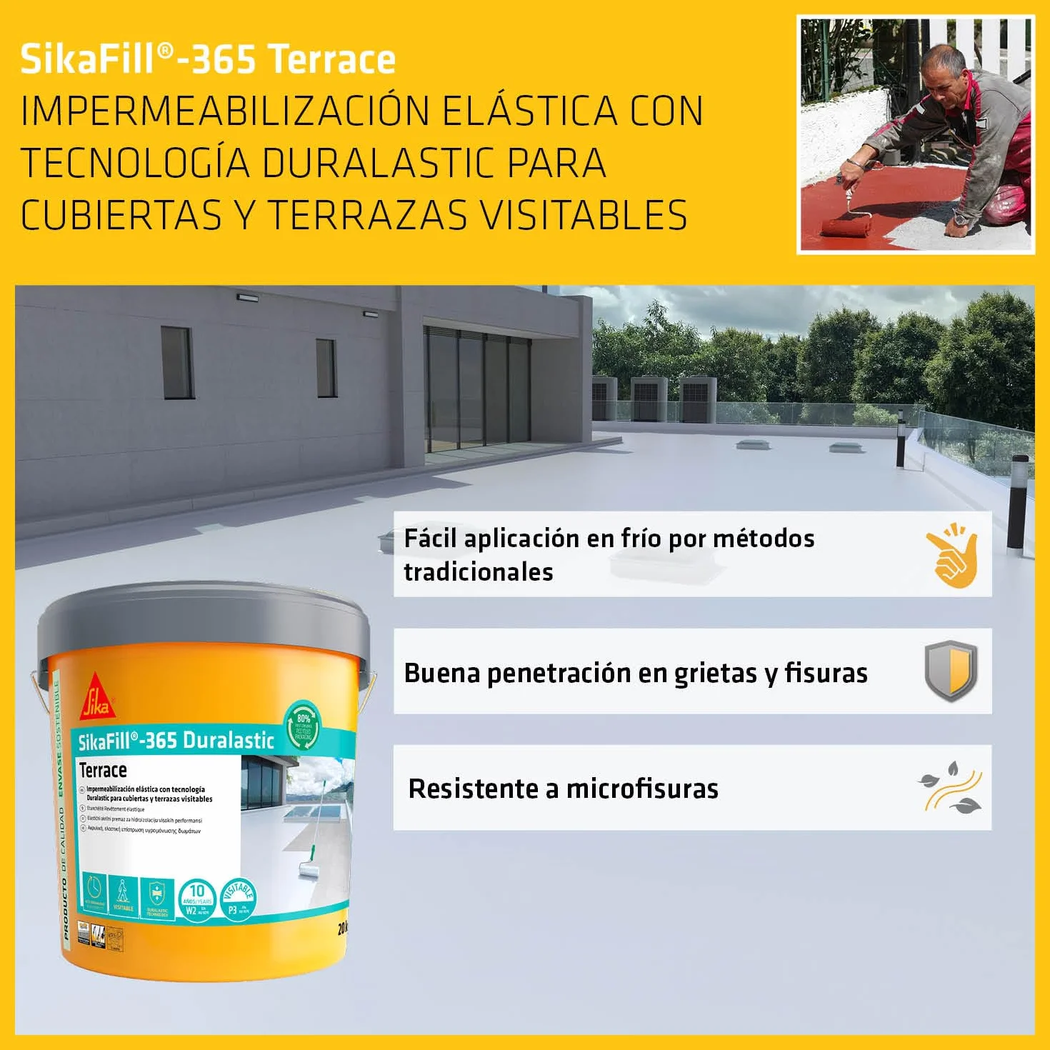 SikaFill 365 Terrace Blanco Revestimiento Acrílico Impermeabilización Cubiertas Terrazas 5kg