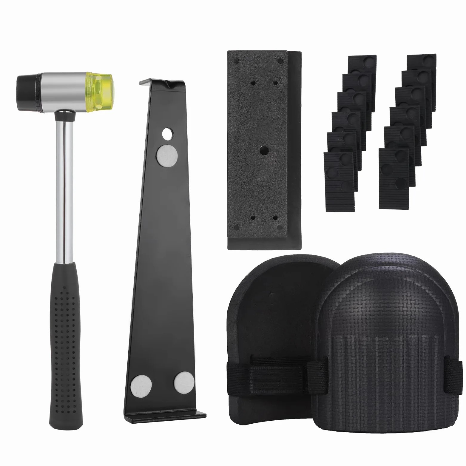 Kit de instalación de suelos de madera laminada, kit de reparación de suelos, herramienta de montaje de suelos de tablones con 40 espaciadores, barra de tracción, bloque de roscado sólido, mazo