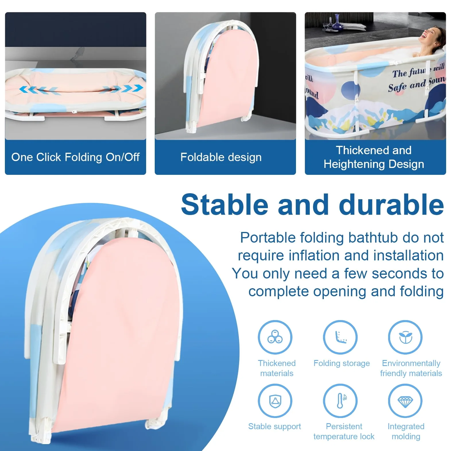 Bañera plegable para adultos de 120 cm, bañera independiente con marco de plástico y doble desagüe, para baño en casa, baño pequeño, ducha, interior exterior (azul claro)
