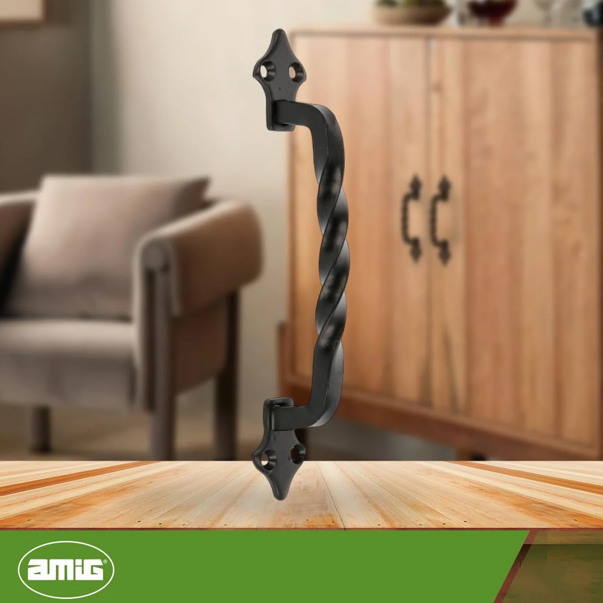 Amig - Tirador - Modelo 1002 - Fabricado en Acero - Herraje Rústico - Medida: 130mm - Sin Placa - Incluye Tornillería - Ideal para muebles - Acabado: Negro