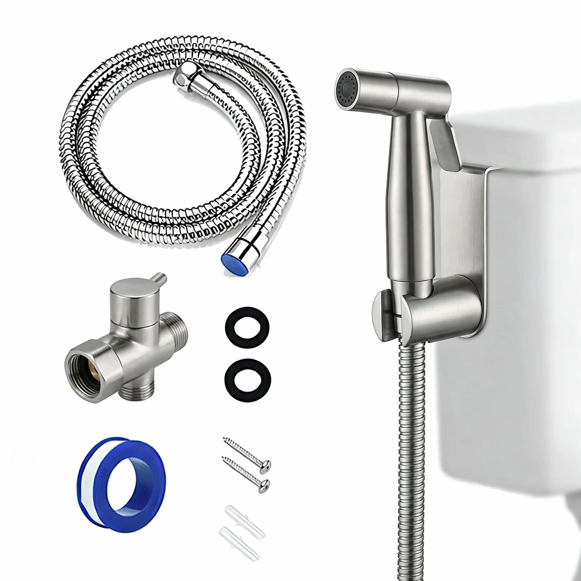 Grifo Bidet para WC Ducha Higiénica de Acero Inoxidable con Manguera 1.5m, para Higiene Personal y Limpieza de Mascotas Incluye Adaptador G1/2 (Acero)