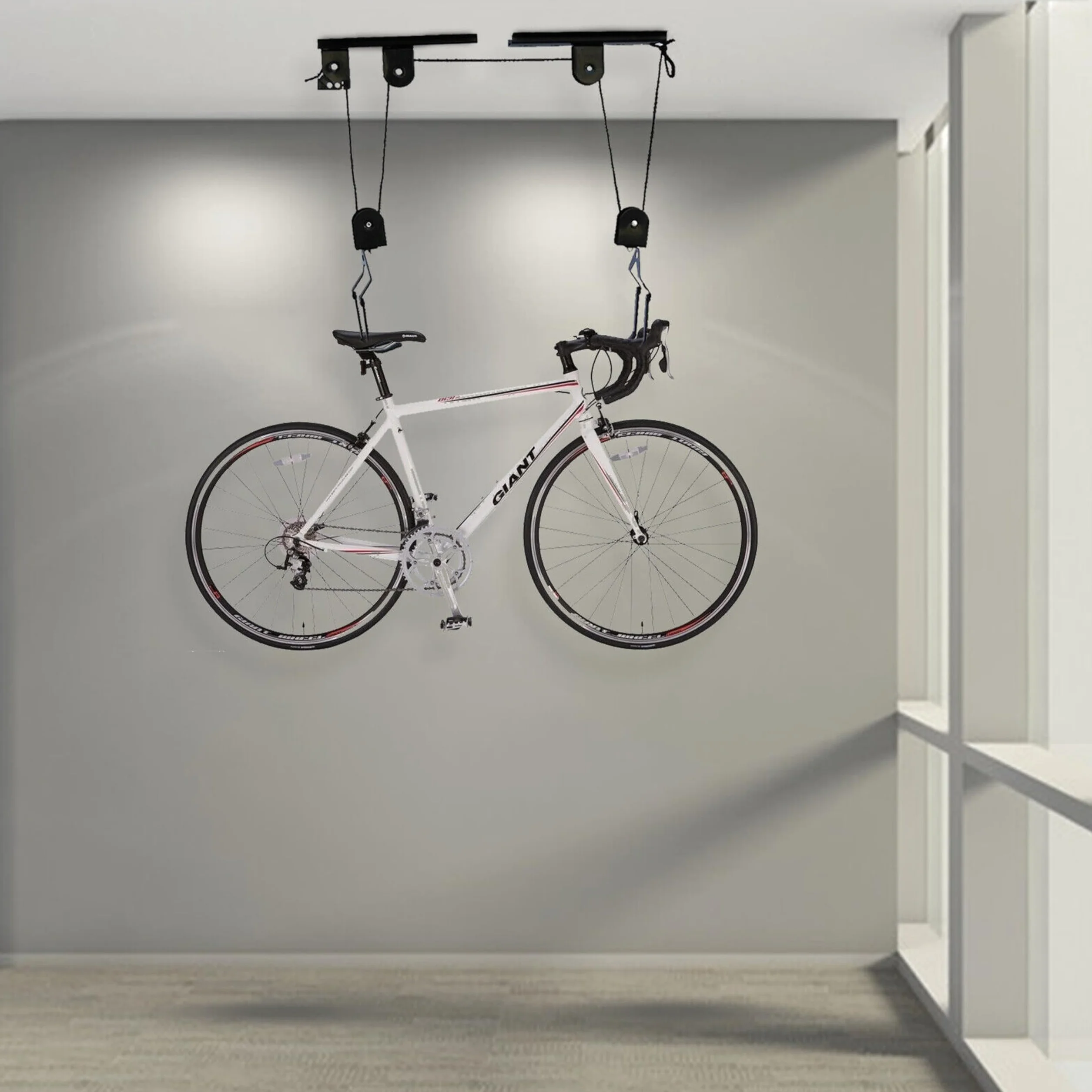 Retoo Elevador de Bicicleta, Soporte Suspensión, Capacidad 20 kg, Montaje en Techo, Almacenamiento Garaje, Cuerda 15m, Negro