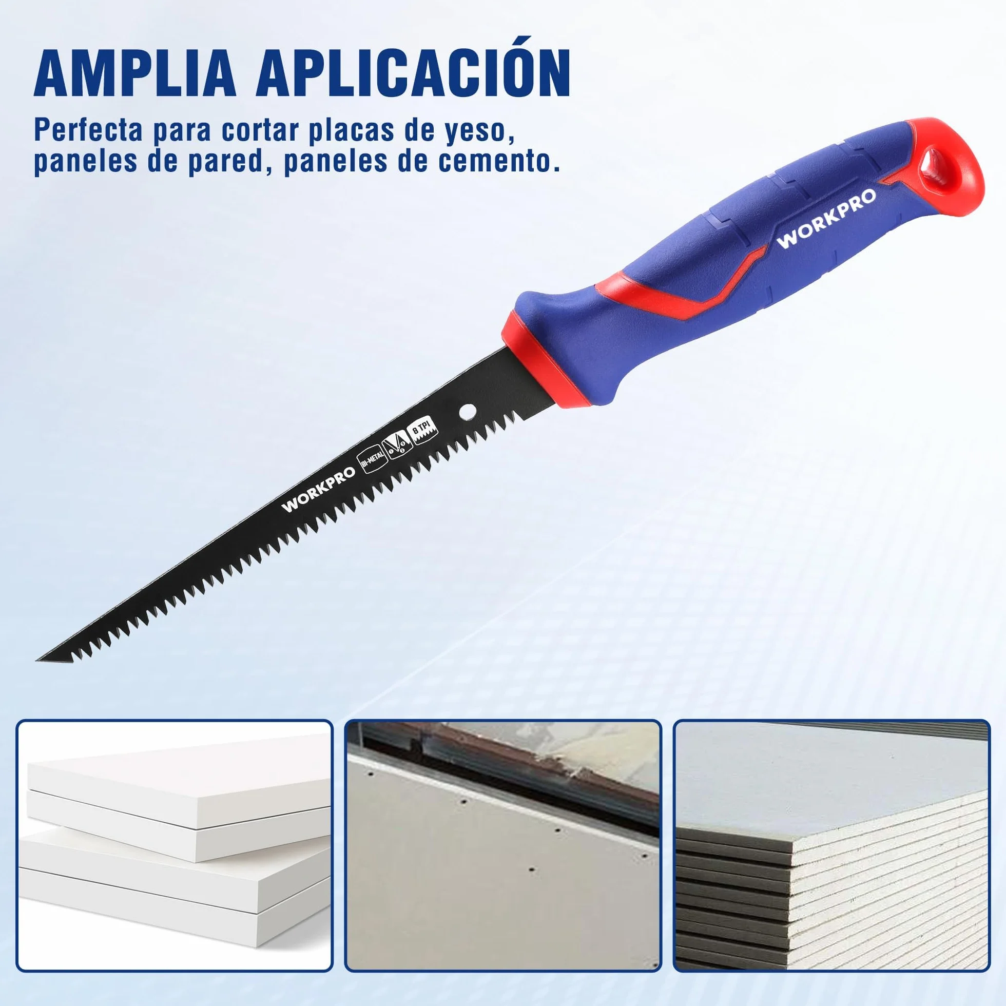WORKPRO Sierra Bimetálica 310mm, Hoja D6A+M2 de 8 TPI, Agujero de Colgar, Ideal para Cortar Yeso, Madera y PVC, Paneles Finos