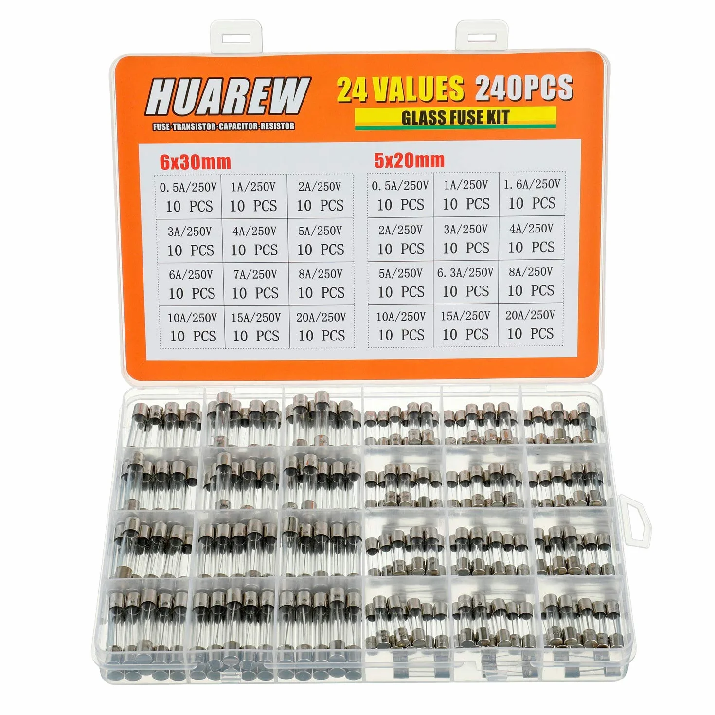 Fusible de Vidrio de Fusión Rápida 250V 5x20mm 6x30mm Kit 240 Piezas 24 Valores 0.5-20A