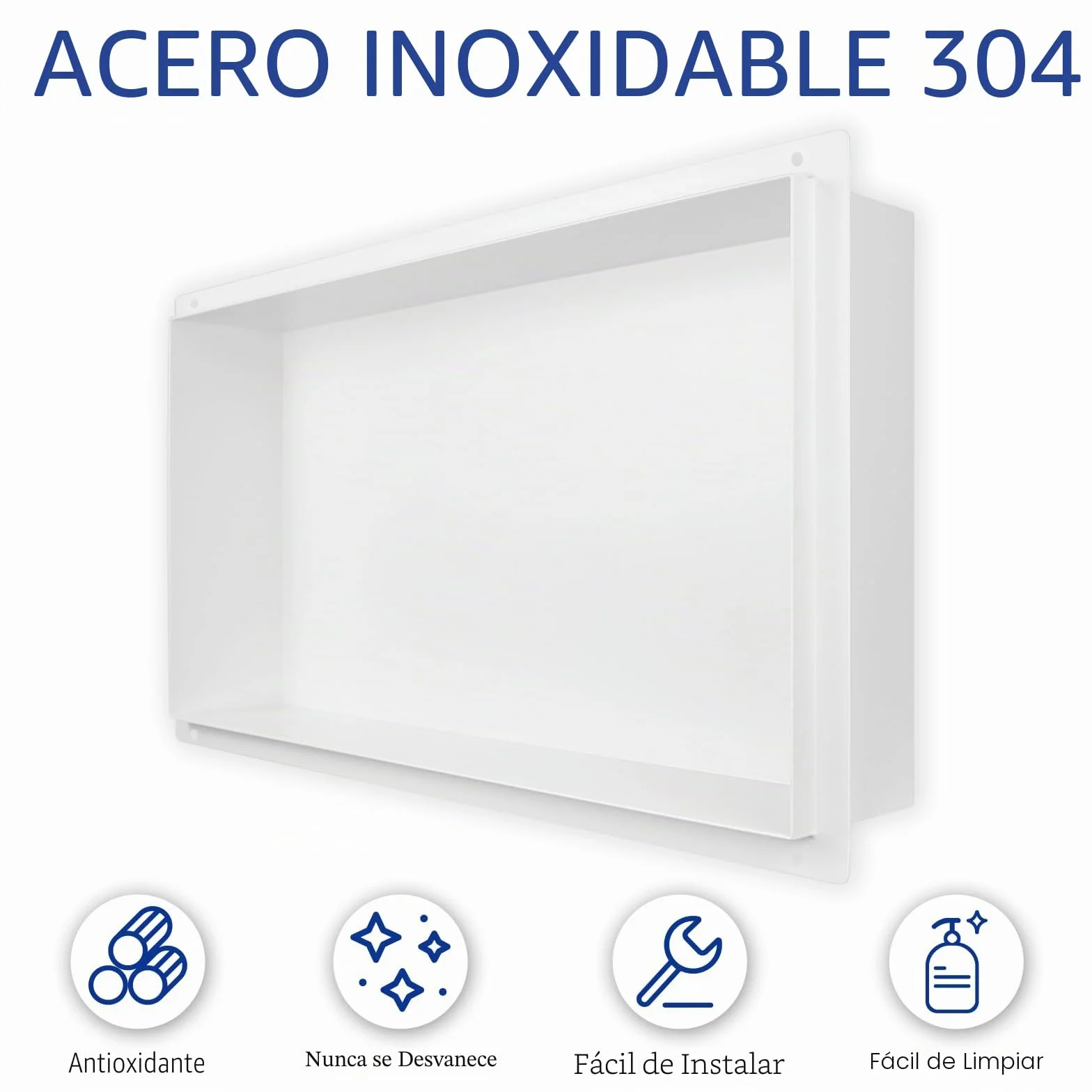 Nicho de ducha de acero inoxidable blanco 60x30x10 cm empotrada sin bordes montaje al ras