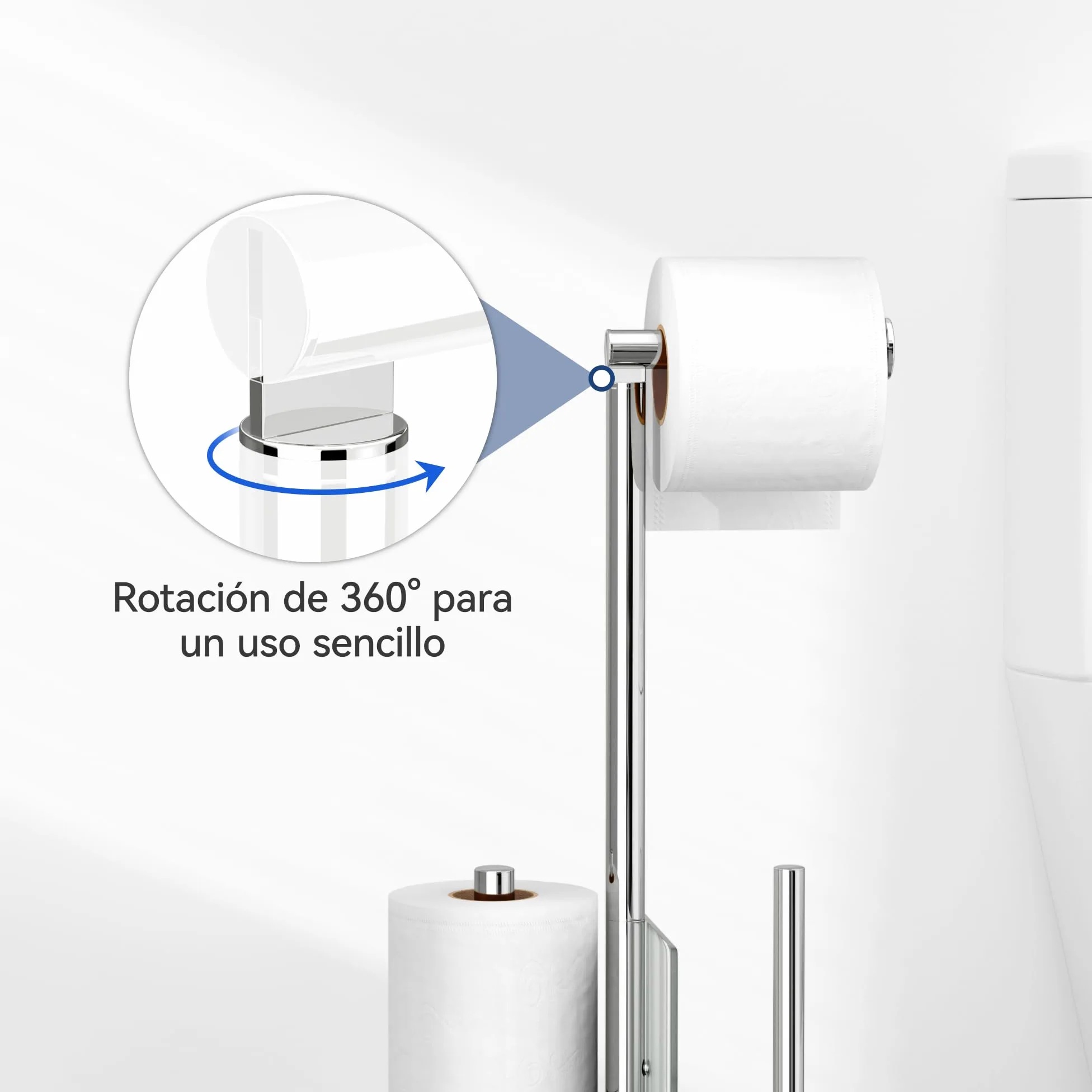 Portarrollos de pie con escobilla para inodoro - Portaescobilla y soporte para rollos de papel higiénico de pie con estante de vidrio, sin necesidad de taladrar, juego de accesorios para inodoro de