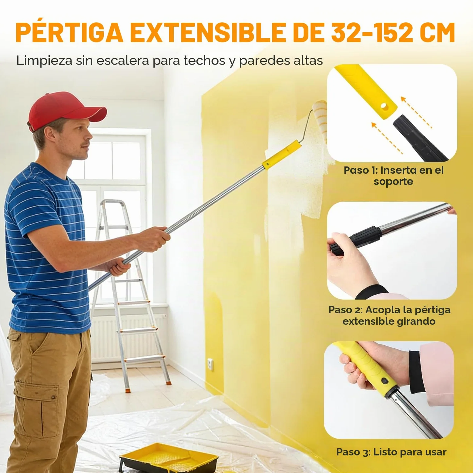 Kit Rodillo Pintura Pared, Rodillo con Accesorios, 3 Piezas Paint Roller 22 cm, Mango Alargado Reforzado 152 cm, Brocha para Paredes, Techo, Brocha Pintor, Cubeta Pintura