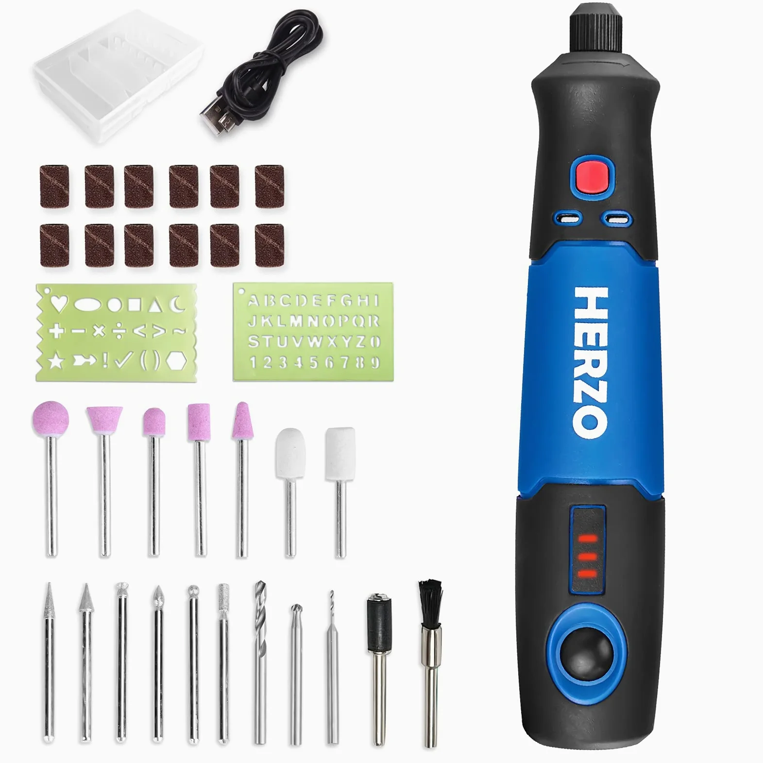 HERZO Mini Amoladora， 3.7V Amoladora Electronica DC y USB recargable con y 32 pcs Accesorios 3 velocidad variable para los DIY trabajos de Pulido Abrasivo y Corte